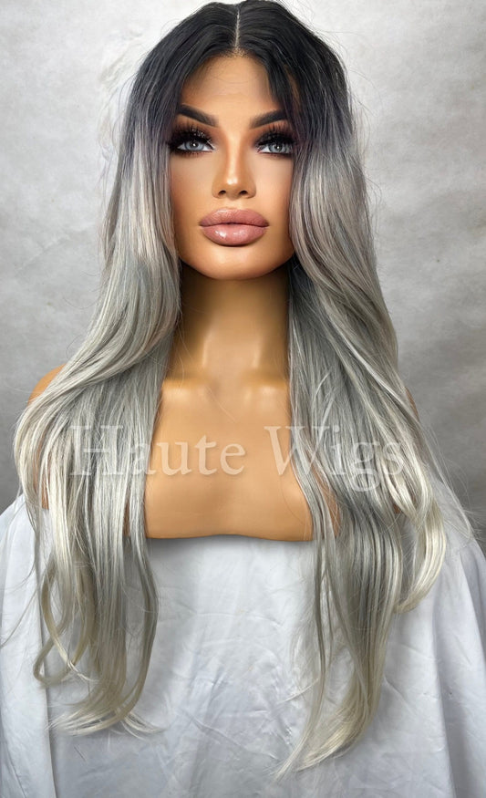 Secret Weapon - long 24 inch Ash Platinum Blonde Silver Ombre 1b Roots Wavy Wig Lace Front Center Parting Wavy Human Hair Blends Haute Wigs