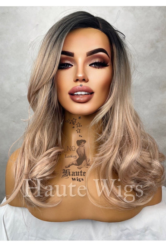 Lust - 16 inch Blonde With Rose Gold Pink Tones Wig Long wavy Womens Human Hair Blend Pre Cut Lace Front Parting Realistic Haute Wigs Gift