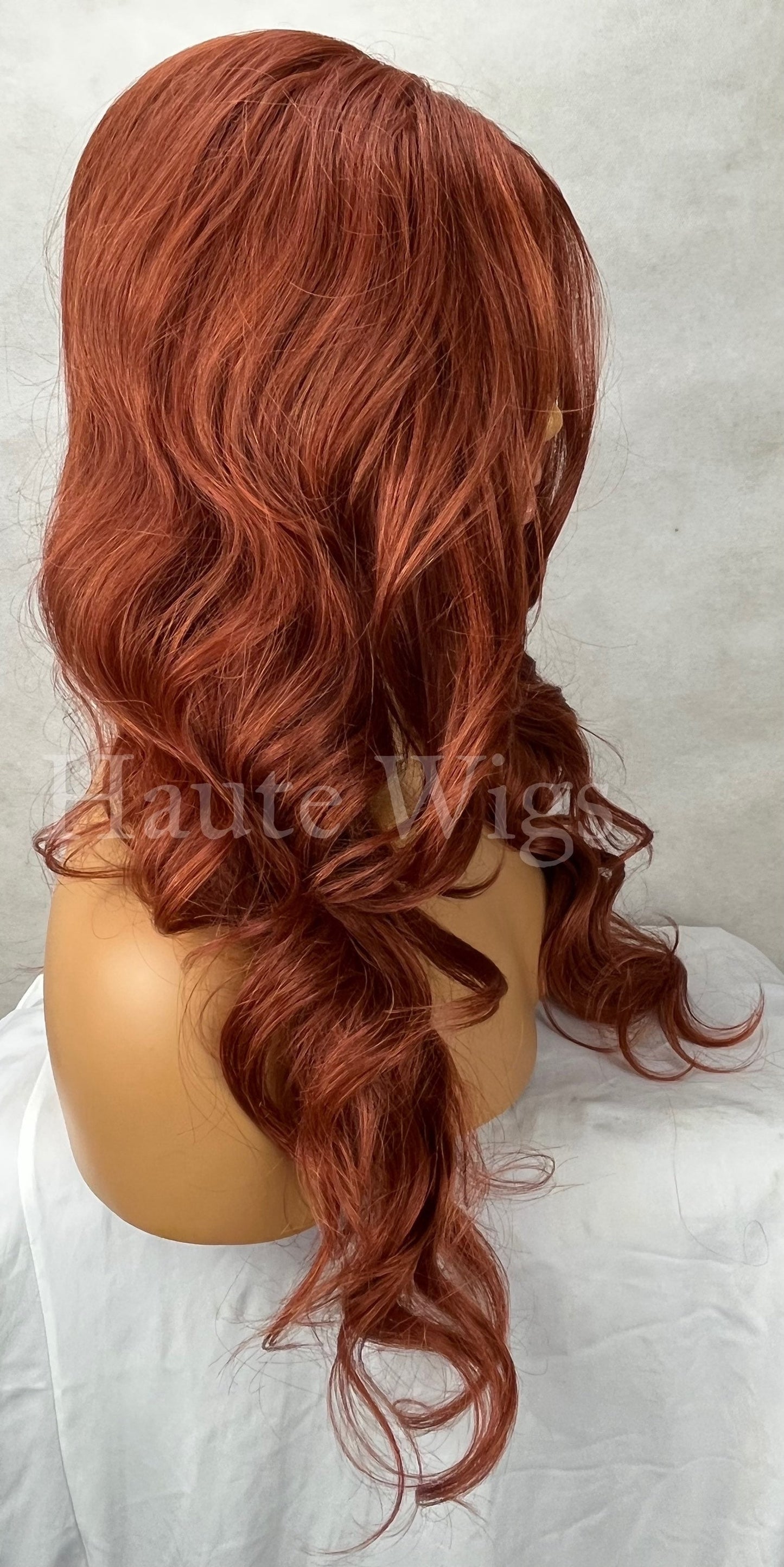 Valentine - Auburn Lace Front Human Hair Blends Womens Wig Ladies Deep Copper Ginger Brown Luxury Baby Hairs Center Parting Wavy Curly