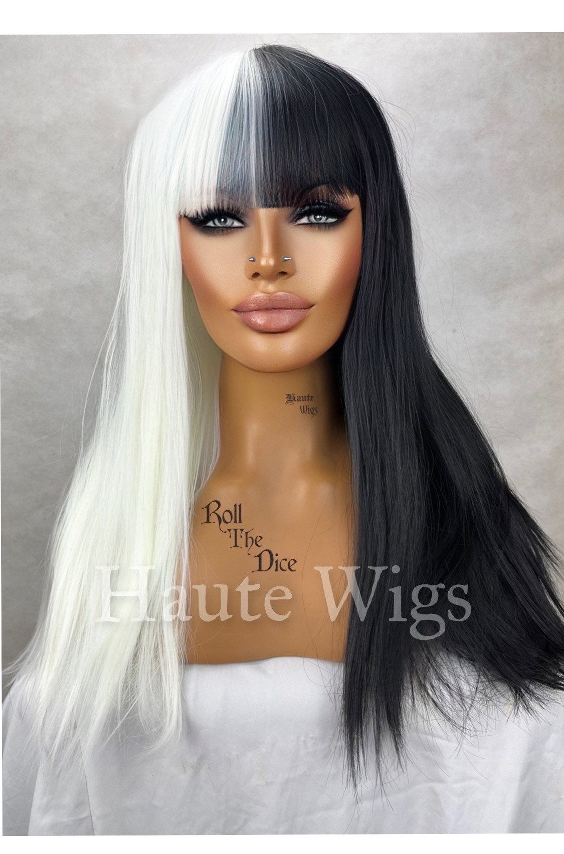 Roll The Dice - 22 inch Half Black & white Platinum Blonde Wig unisex Hair Fringe Bangs Wavy Eye Catching Gift Role Play Haute wigs