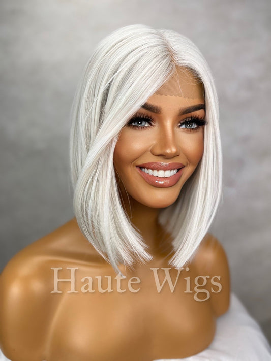 Laguna - Short Ash White Platinum Blonde BOB 12 inch Wig Straight Center Parting Low Density Lace Front human hair blends Haute Wigs gift