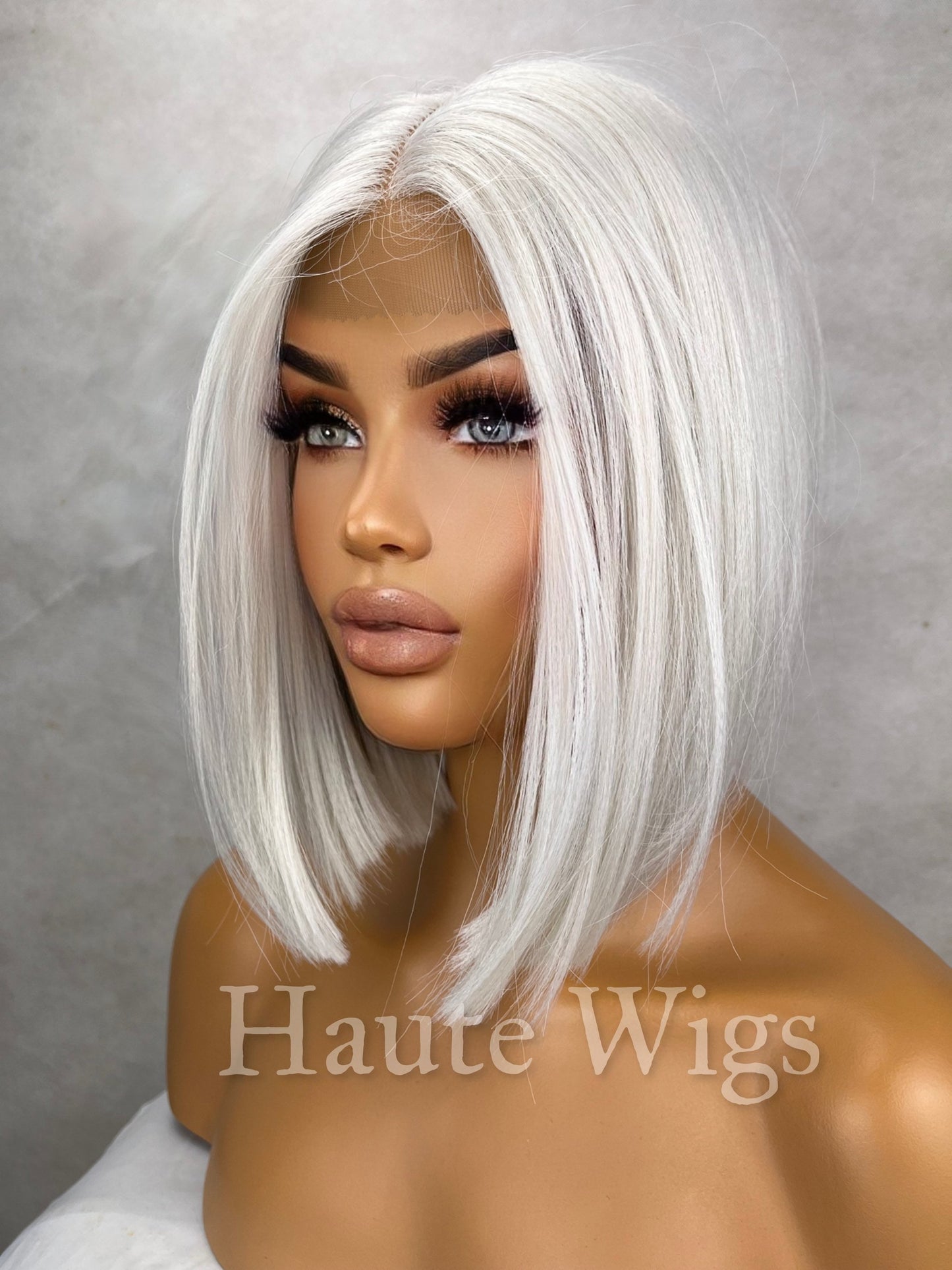 Laguna - Short Ash White Platinum Blonde BOB 12 inch Wig Straight Center Parting Low Density Lace Front human hair blends Haute Wigs gift