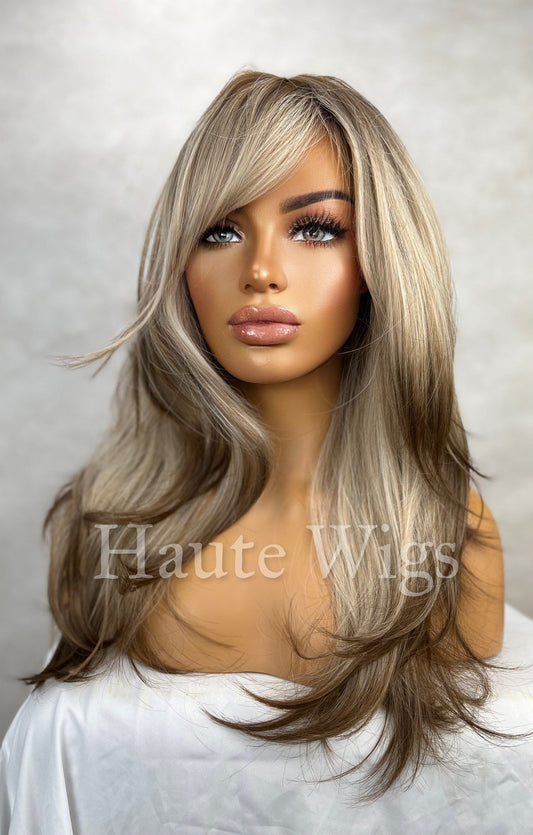 Chiffon -  Womens Honey Blonde to Brown Ombré Wig Dip dye Streaks highlights Bangs / Fringe Layered No Lace Front realistic haute Wigs gift