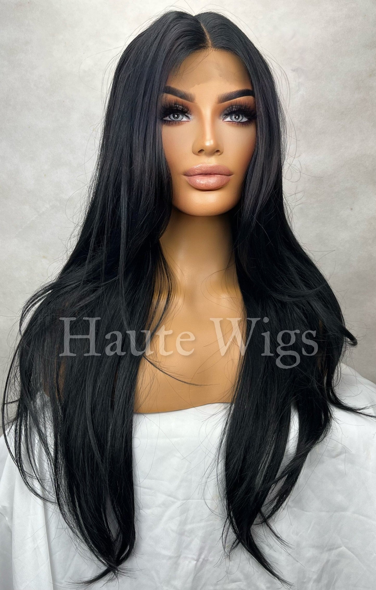 Euphoria - 28 Inch Jet Black Wig layered Cut Style Straight Wig Lace Front Human Hair Blends Gift For Her Realistic Ladies Womens Wig