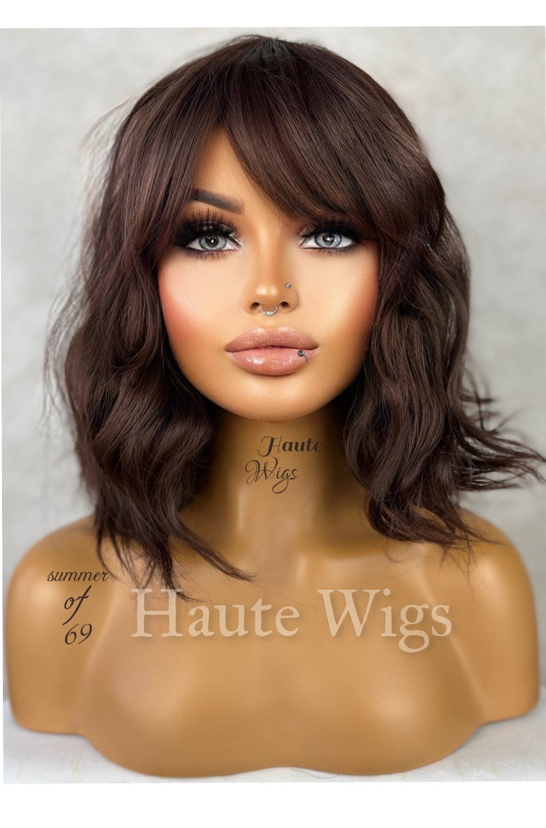 Summer Of 69 - Brown Bob 14 Inch Women Wig Long Celebrity Hair Dark Brunettes Fringe Bangs Wavy Curly Heat Safe Gift for her Haute Wigs