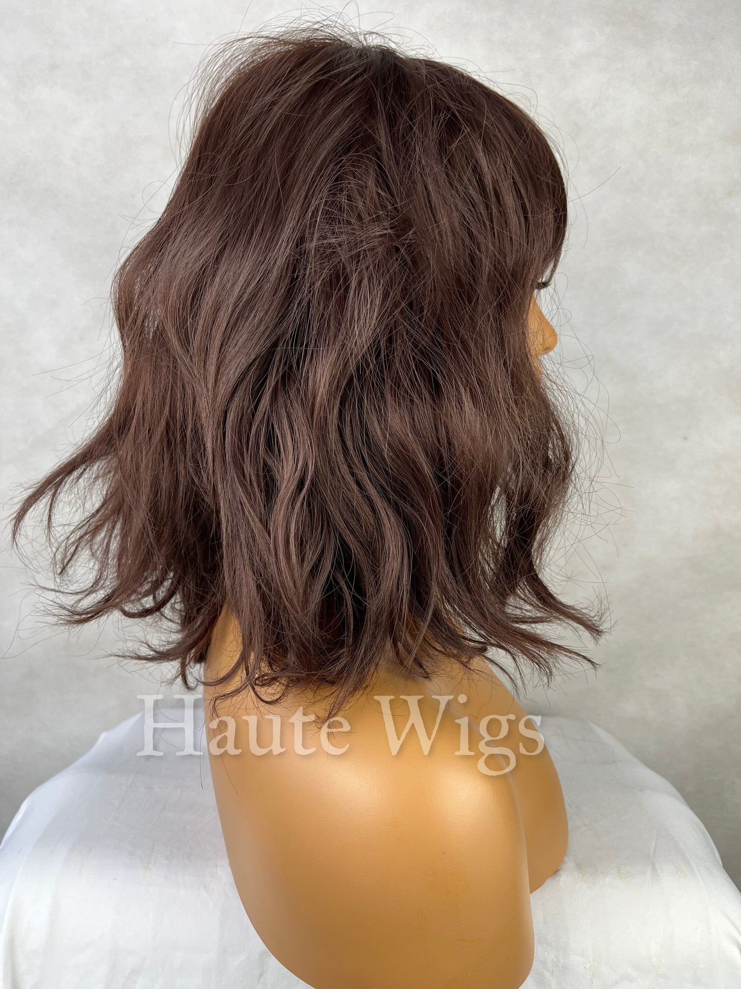 Summer Of 69 - Brown Bob 14 Inch Women Wig Long Celebrity Hair Dark Brunettes Fringe Bangs Wavy Curly Heat Safe Gift for her Haute Wigs