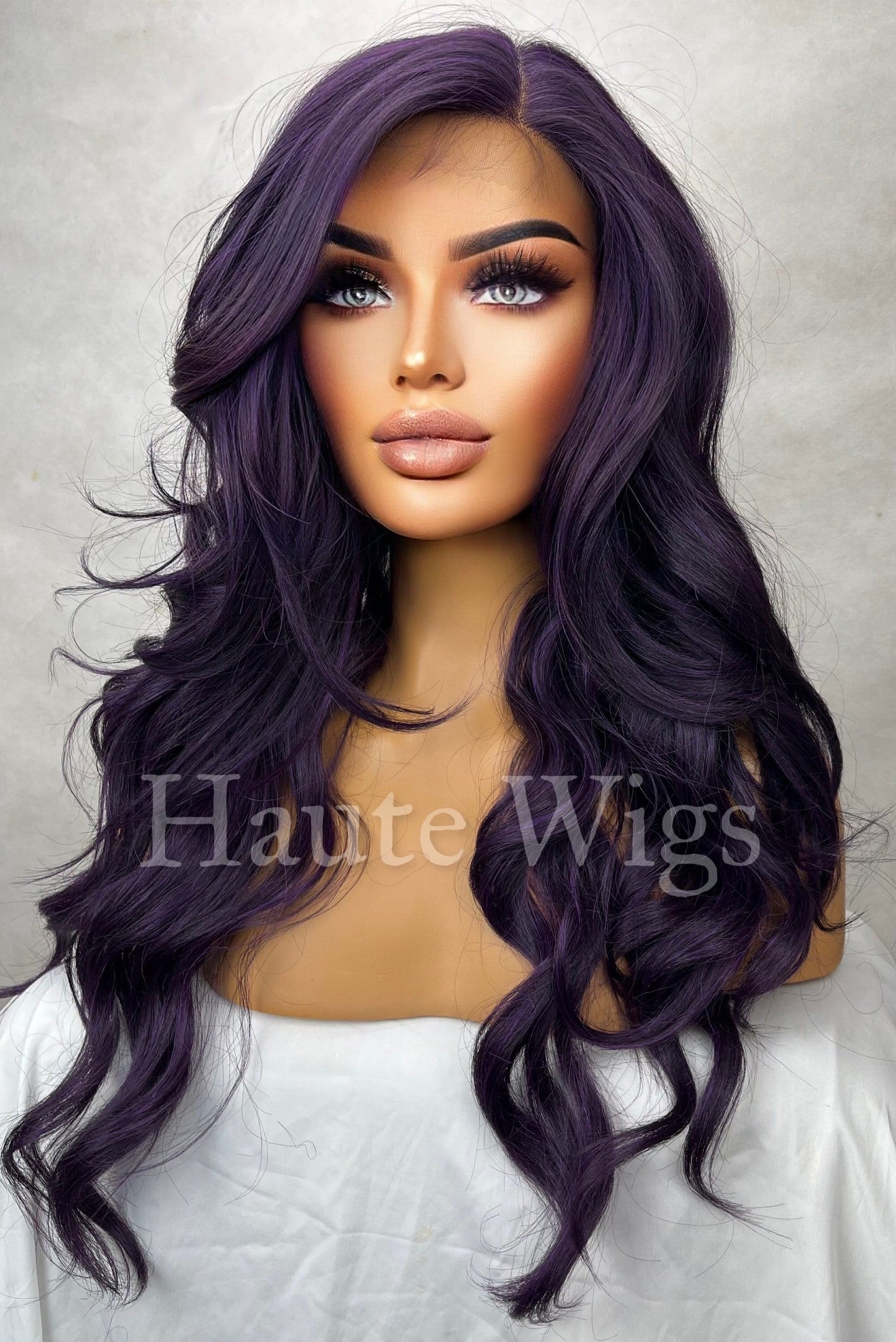 Distinctive - Dark Purple Deep Violet Wig Long Wavy T parting HD Lace Front Human Hair Blends Wig Gift for her Ladies Womens Wigs