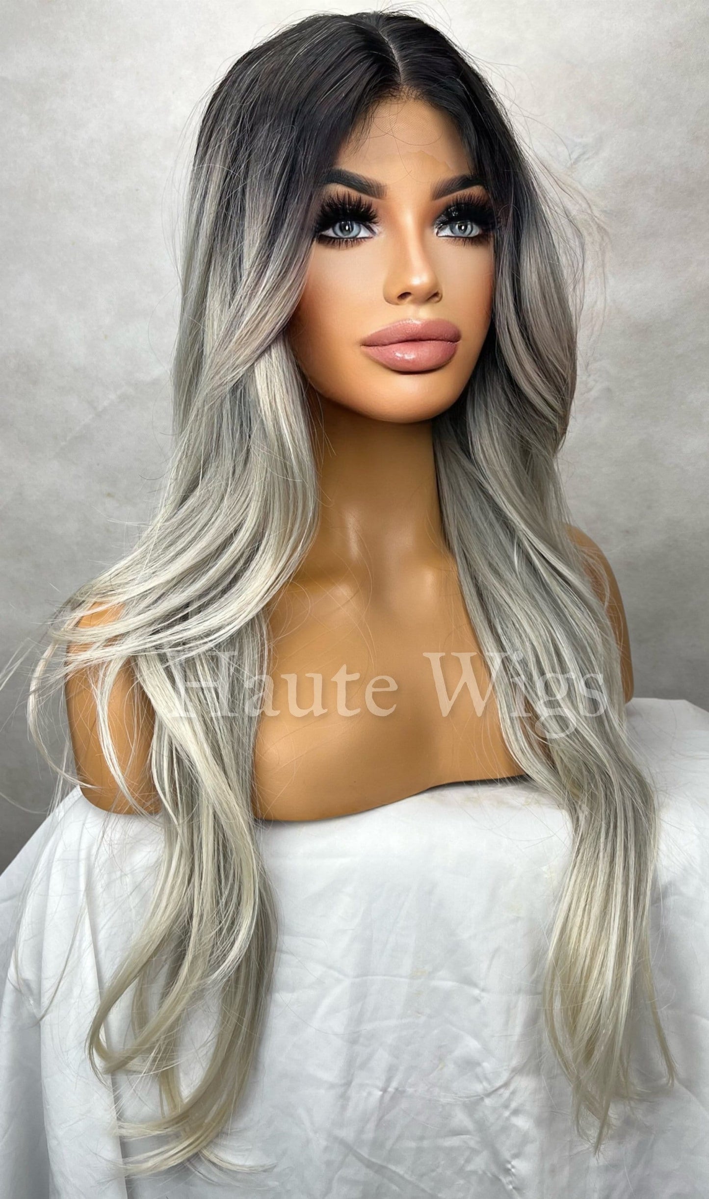 Secret Weapon - long 24 inch Ash Platinum Blonde Silver Ombre 1b Roots Wavy Wig Lace Front Center Parting Wavy Human Hair Blends Haute Wigs