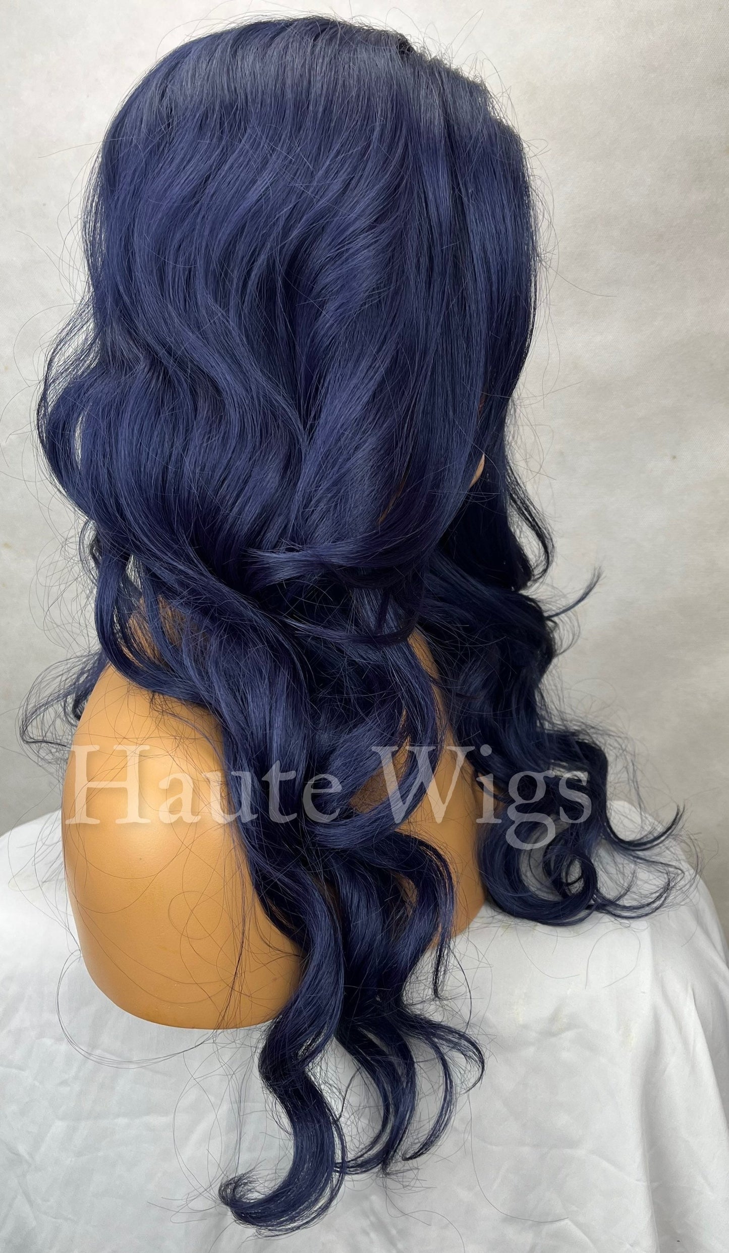 Baddie - Navy Dark Blue 24" Long Wavy Wig Womens Ladies Curly Lace Front Human Hair Blend Wigs centre Parting Haute Wigs gift for her