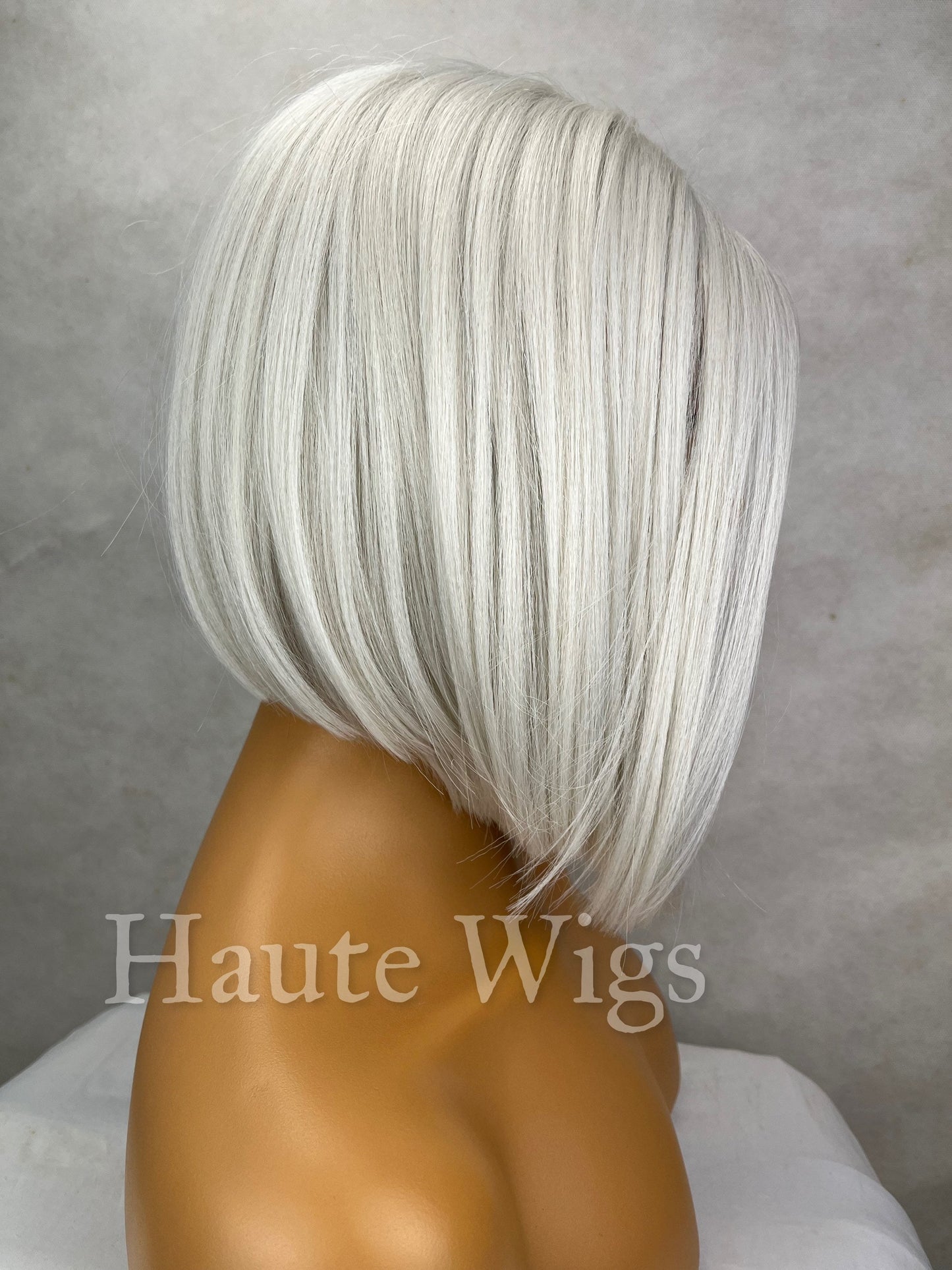 Laguna - Short Ash White Platinum Blonde BOB 12 inch Wig Straight Center Parting Low Density Lace Front human hair blends Haute Wigs gift