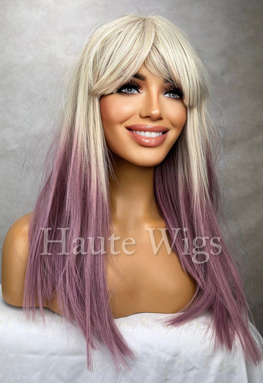 Dolly Mixture - 20 Inch Long Honey Blonde To Ombre Vibrant & HOT Lilac Pink dip dye Wig Heat Resistant No Lace Front Gift for Her Haute Wigs