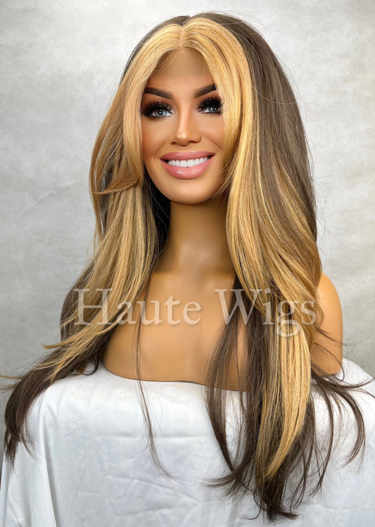 La Palma - Straight Thick Money Piece Golden Blonde & Brunette Brown Wig Highlights Lace Front Layered Blonde Streaks Human Hair Blends