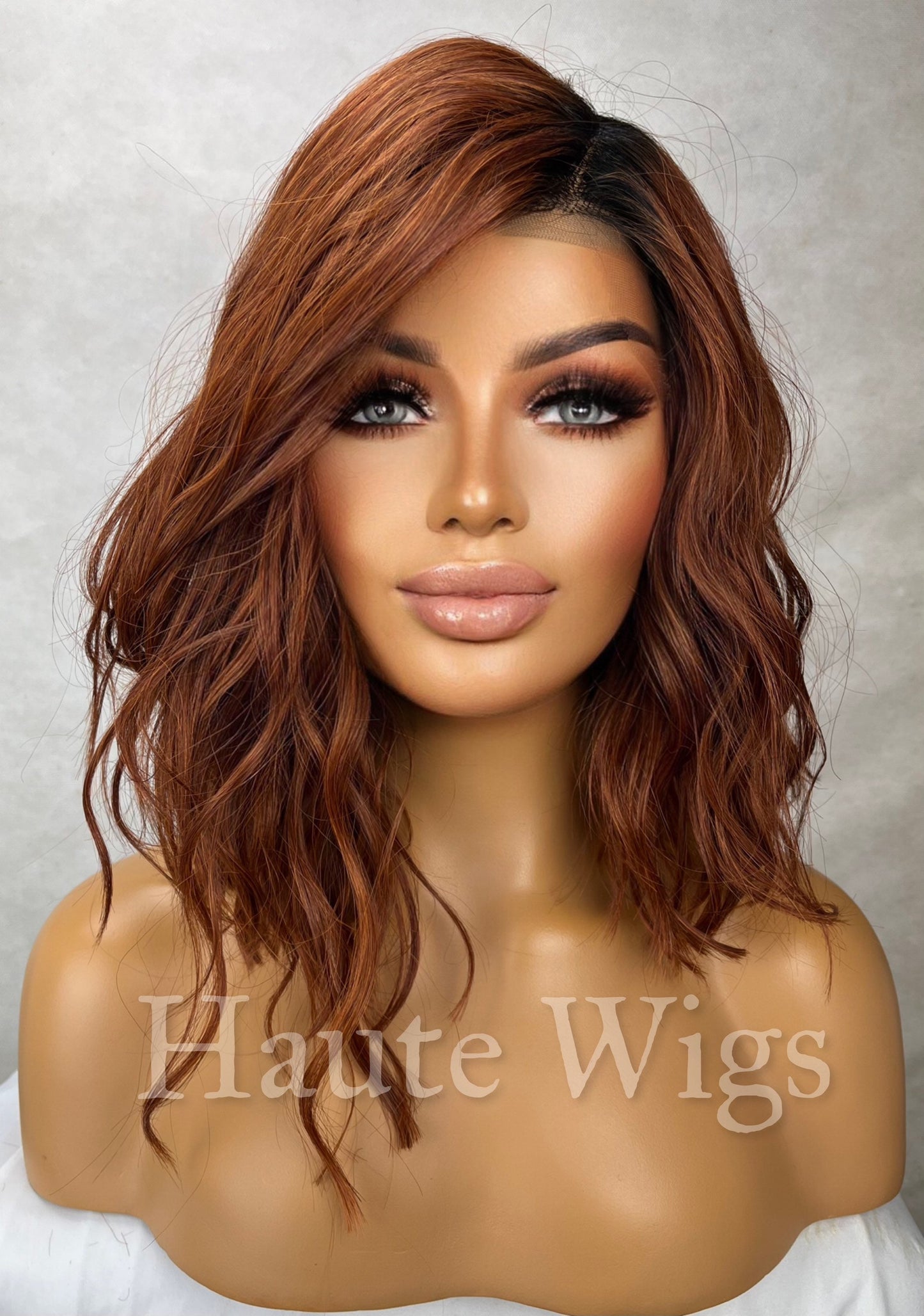 Bourgeois - Auburn Copper Ginger 14" Slanted Bob Wig wavy Dark Roots Deep Side Parting HD Lace Front Womens Wig gift for her Short Haute wig