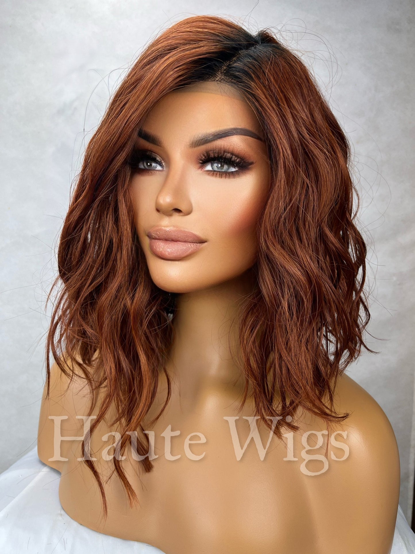 Bourgeois - Auburn Copper Ginger 14" Slanted Bob Wig wavy Dark Roots Deep Side Parting HD Lace Front Womens Wig gift for her Short Haute wig