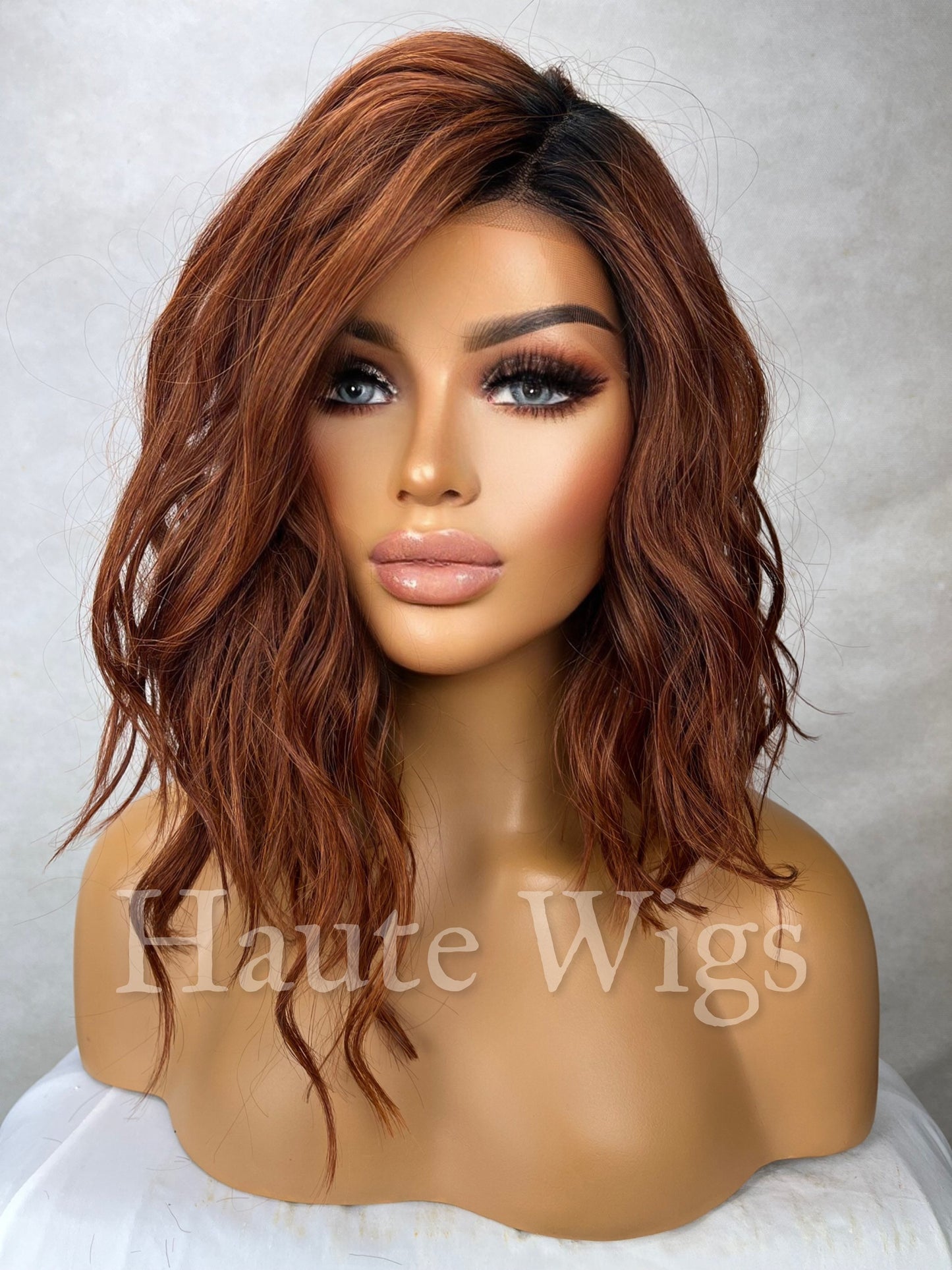 Bourgeois - Auburn Copper Ginger 14" Slanted Bob Wig wavy Dark Roots Deep Side Parting HD Lace Front Womens Wig gift for her Short Haute wig