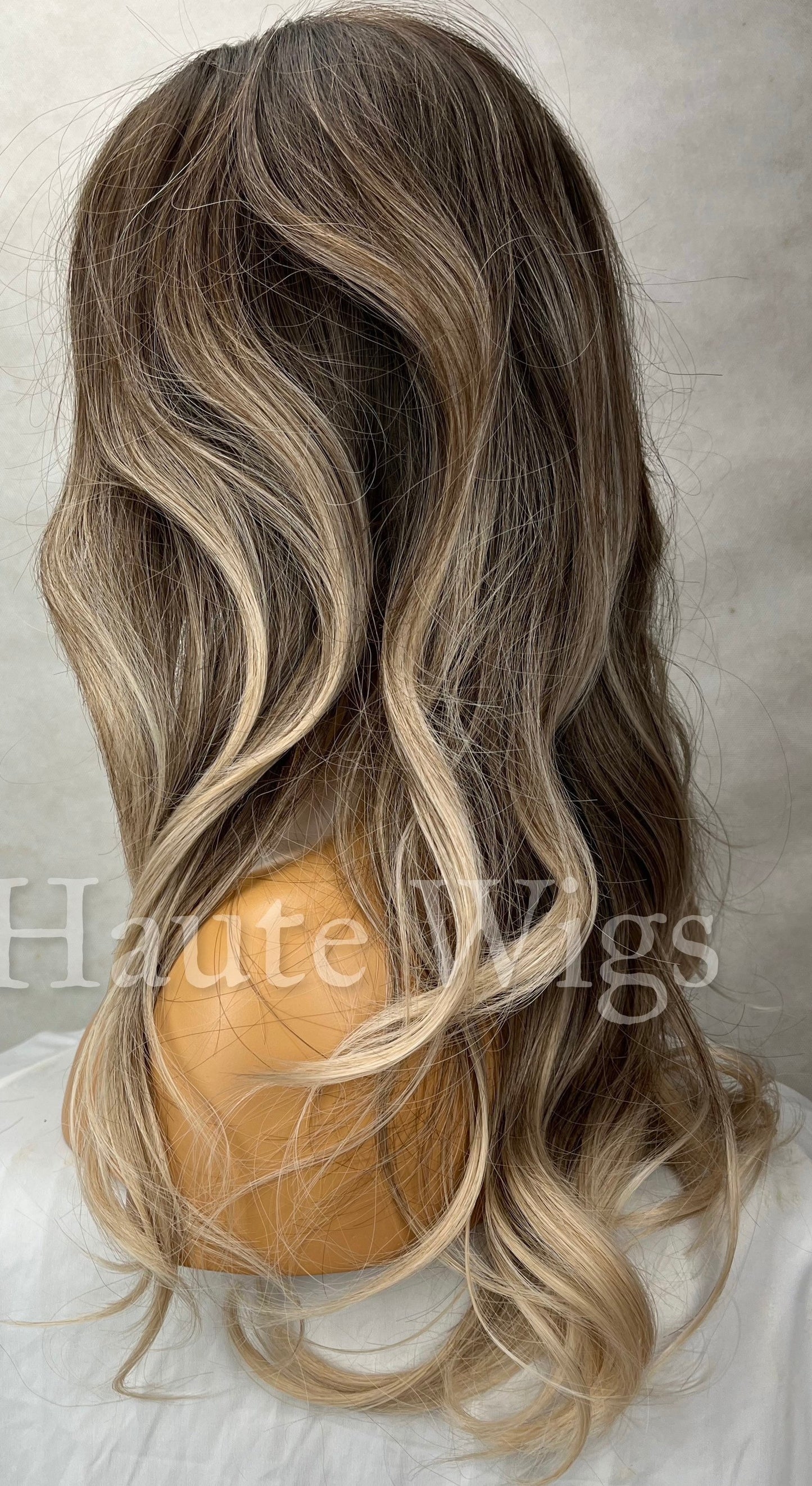 Sacramento - Wavy 22 Inch Ash Blonde Cool Toned Dirty Ombre Brown Wig With Fringe Bangs Center Parting Curly Hair Wigs Gift
