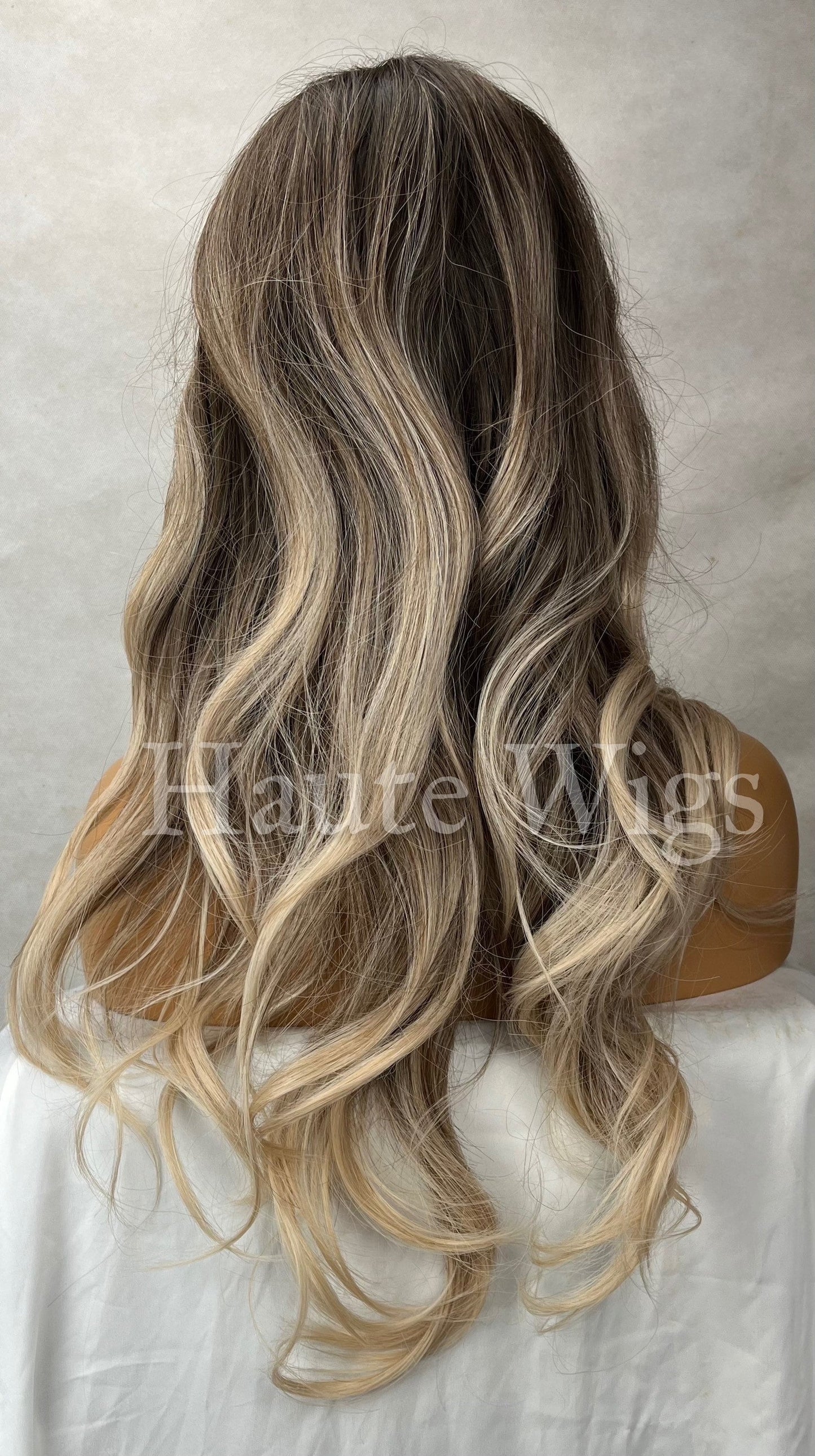 Sacramento - Wavy 22 Inch Ash Blonde Cool Toned Dirty Ombre Brown Wig With Fringe Bangs Center Parting Curly Hair Wigs Gift