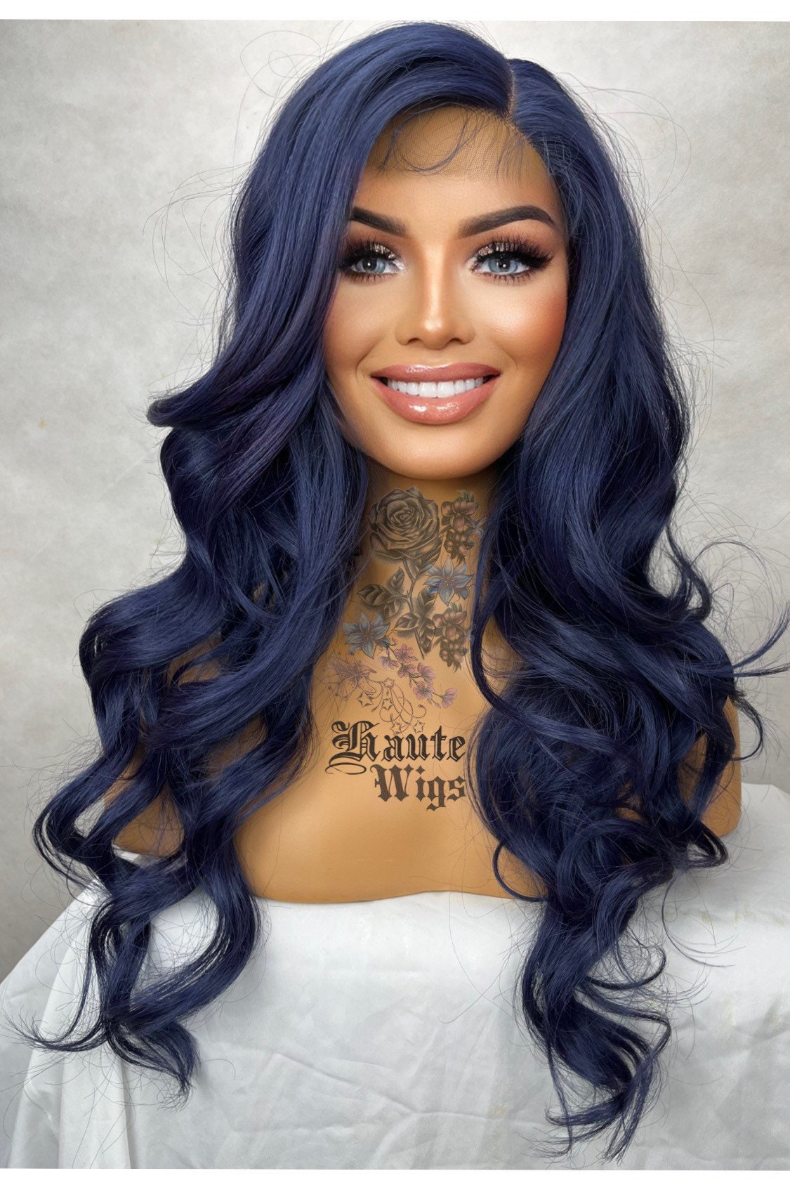 Baddie - Navy Dark Blue 24" Long Wavy Wig Womens Ladies Curly Lace Front Human Hair Blend Wigs centre Parting Haute Wigs gift for her