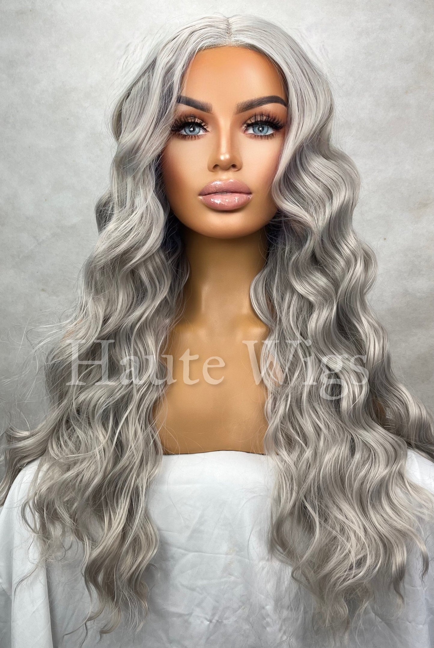 Heart Of Glass - Free Part Lace Front Silver Platinum Ash Blonde 24 inch Long Wig Cool Tones Hair Wavy HD Womens Haute Wigs