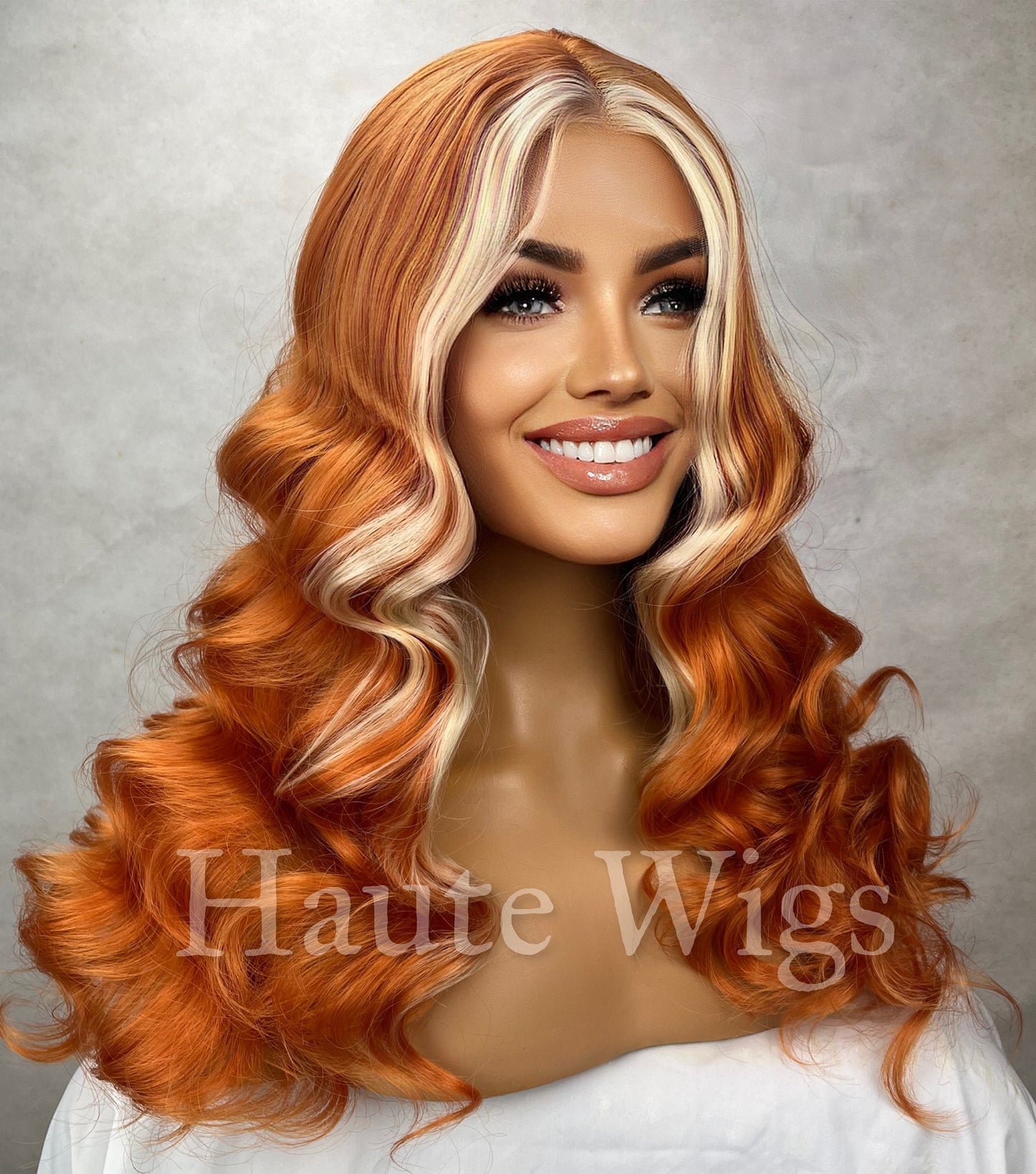 Orange Soda - Orange Wig With Platinum White blonde highlights money piece Lace Front Vegan Womens Ladies Center Parting wavy