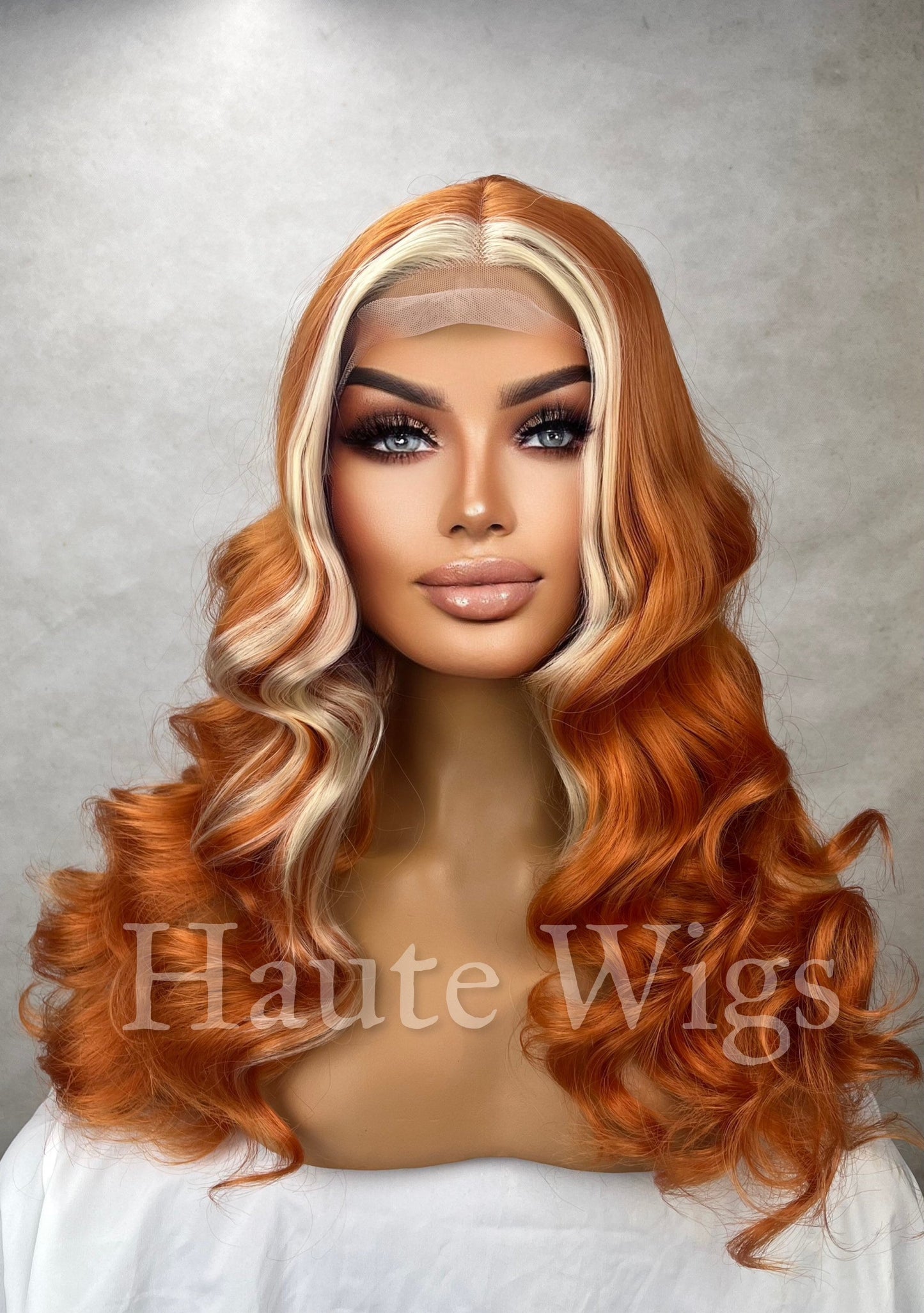 Orange Soda - Orange Wig With Platinum White blonde highlights money piece Lace Front Vegan Womens Ladies Center Parting wavy