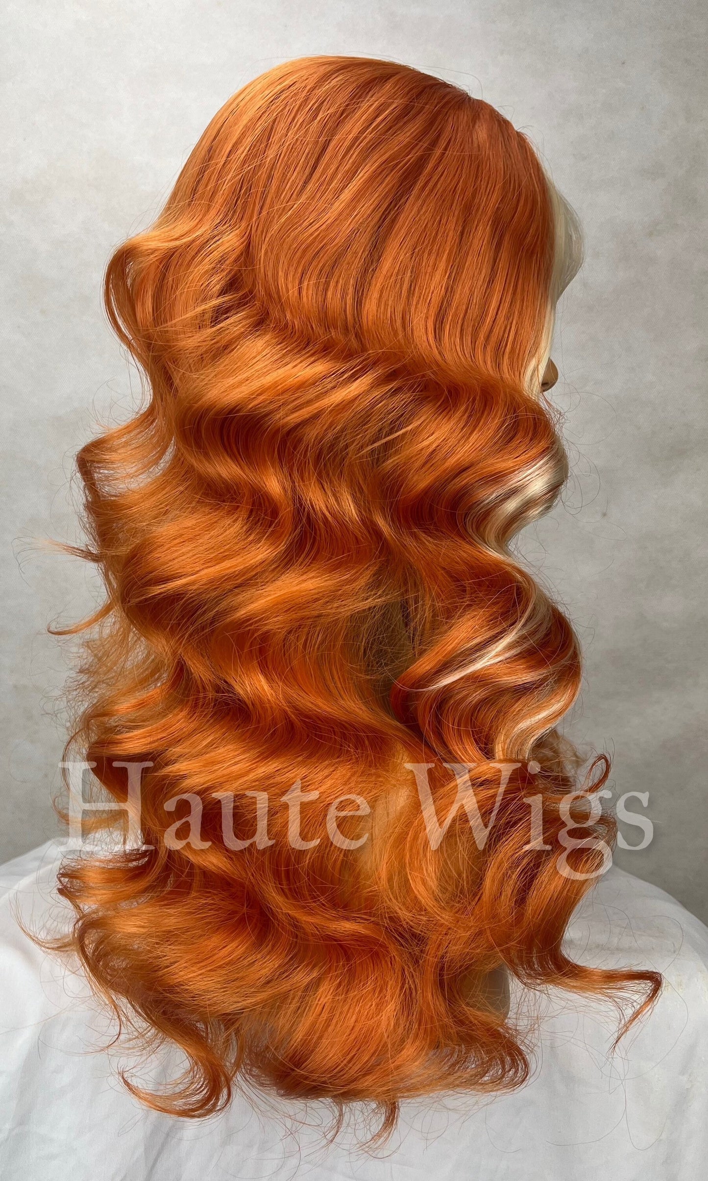 Orange Soda - Orange Wig With Platinum White blonde highlights money piece Lace Front Vegan Womens Ladies Center Parting wavy