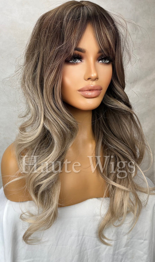 Sacramento - Wavy 22 Inch Ash Blonde Cool Toned Dirty Ombre Brown Wig With Fringe Bangs Center Parting Curly Hair Wigs Gift