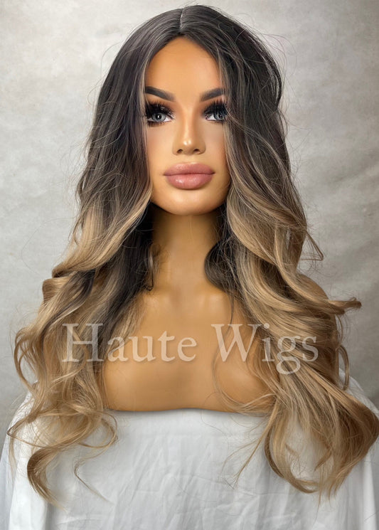 Heroine - Mid Brown W Golden Sunkissed Blonde Ombré Highlights Streaks Balayage Layered NO Lace Front WAVY