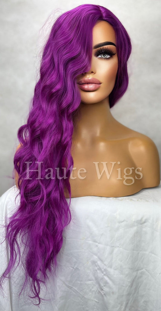 Deep Magenta - 24 Inch Neon purple Pink RARE No lace front Wig Long Wavy Curly Wigs Ladies Eye Catching haute wigs role play