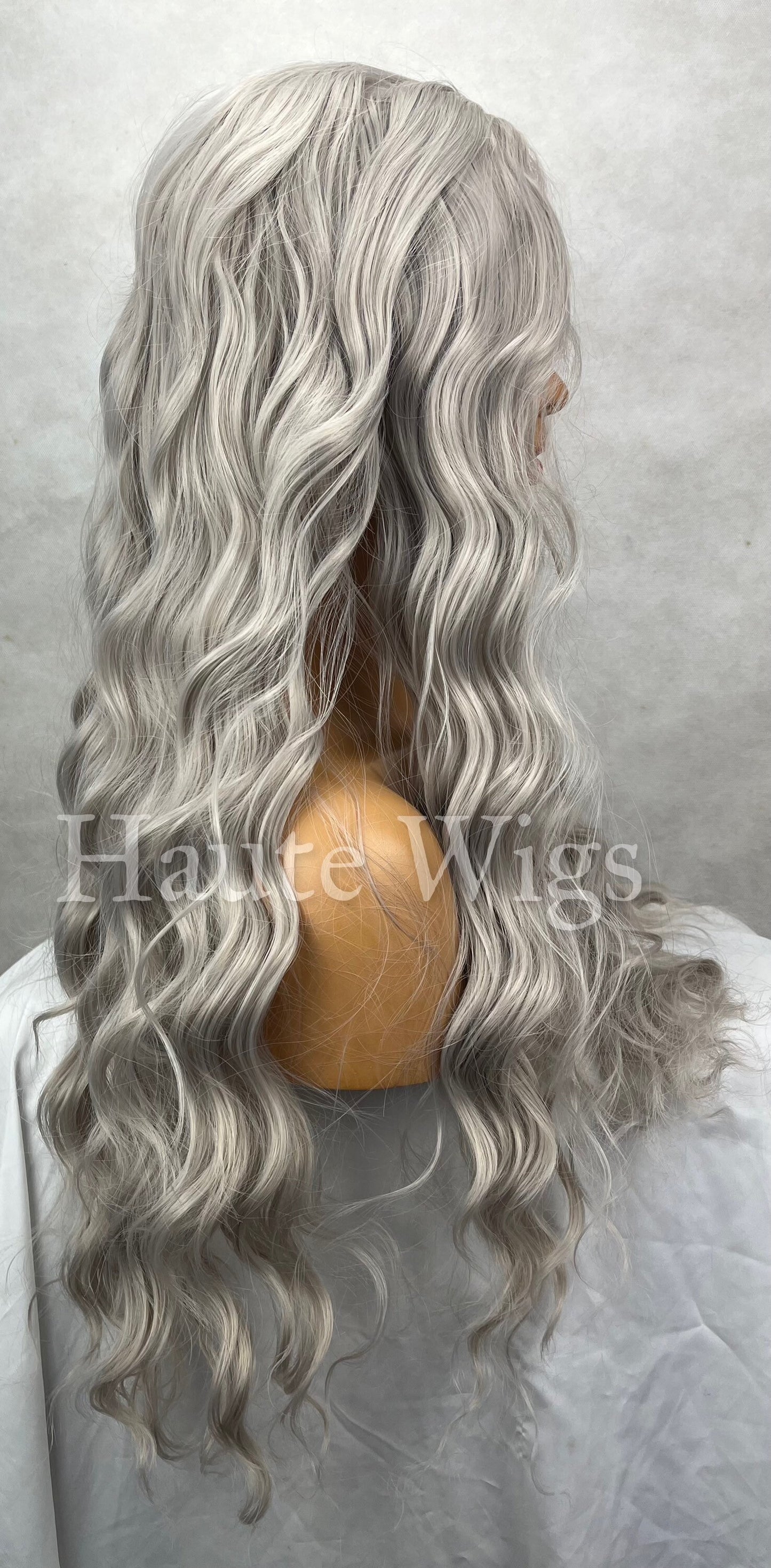 Heart Of Glass - Free Part Lace Front Silver Platinum Ash Blonde 24 inch Long Wig Cool Tones Hair Wavy HD Womens Haute Wigs