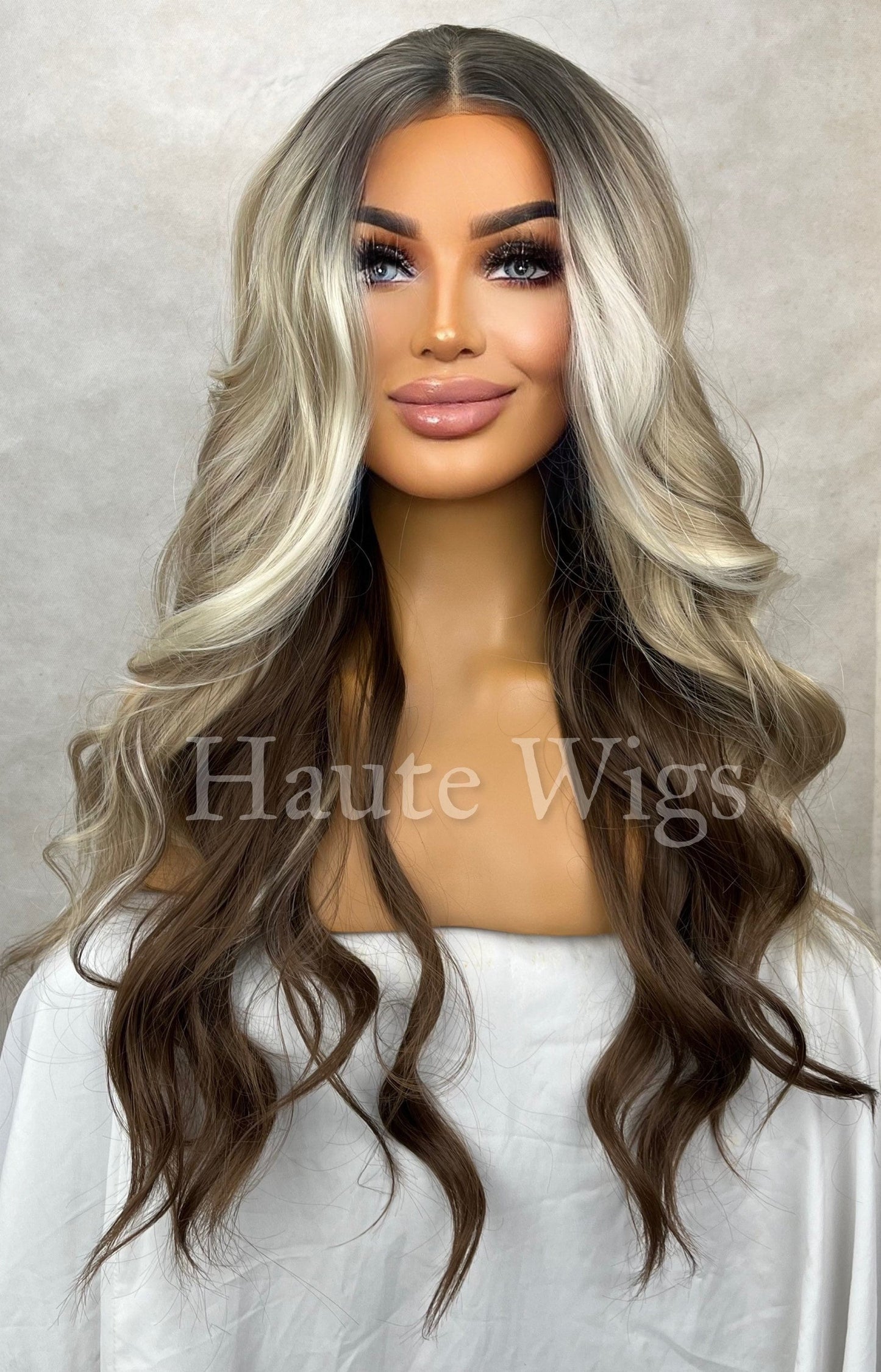 Finesse - Honey & Ash Blonde Highlights White Brown Balayage streaks 26 Inch Long womens Wig Straight Center Parting Lace Front Free Parting