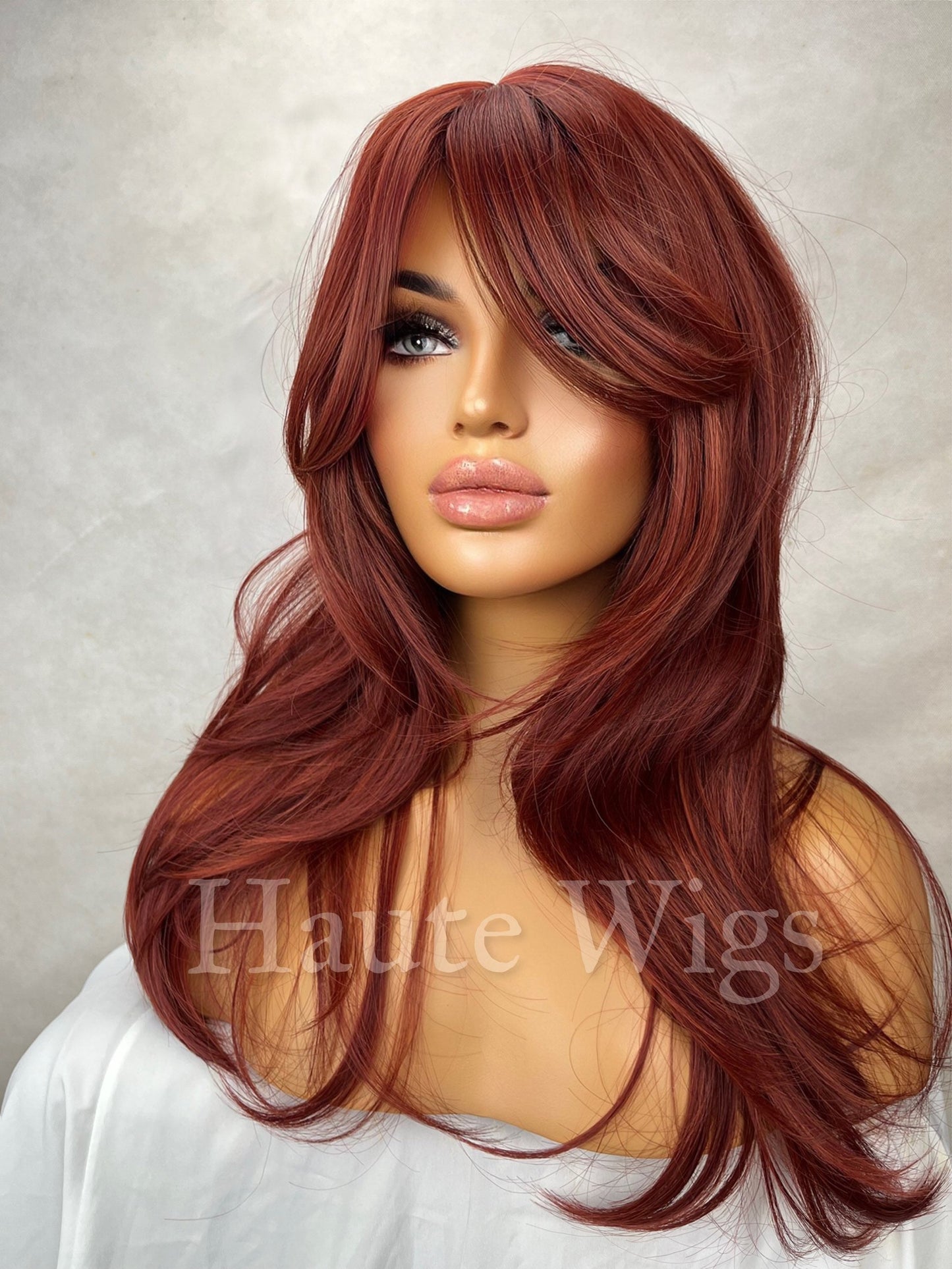 Waterloo Sunset - Red Copper Wig With Bangs / Fringe Long Ginger Auburn Layered Silky Wavy Ladies Womens Wigs No Lace Front haute wigs