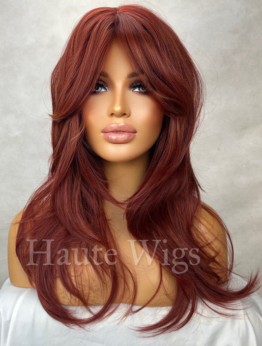 Waterloo Sunset - Red Copper Wig With Bangs / Fringe Long Ginger Auburn Layered Silky Wavy Ladies Womens Wigs No Lace Front haute wigs