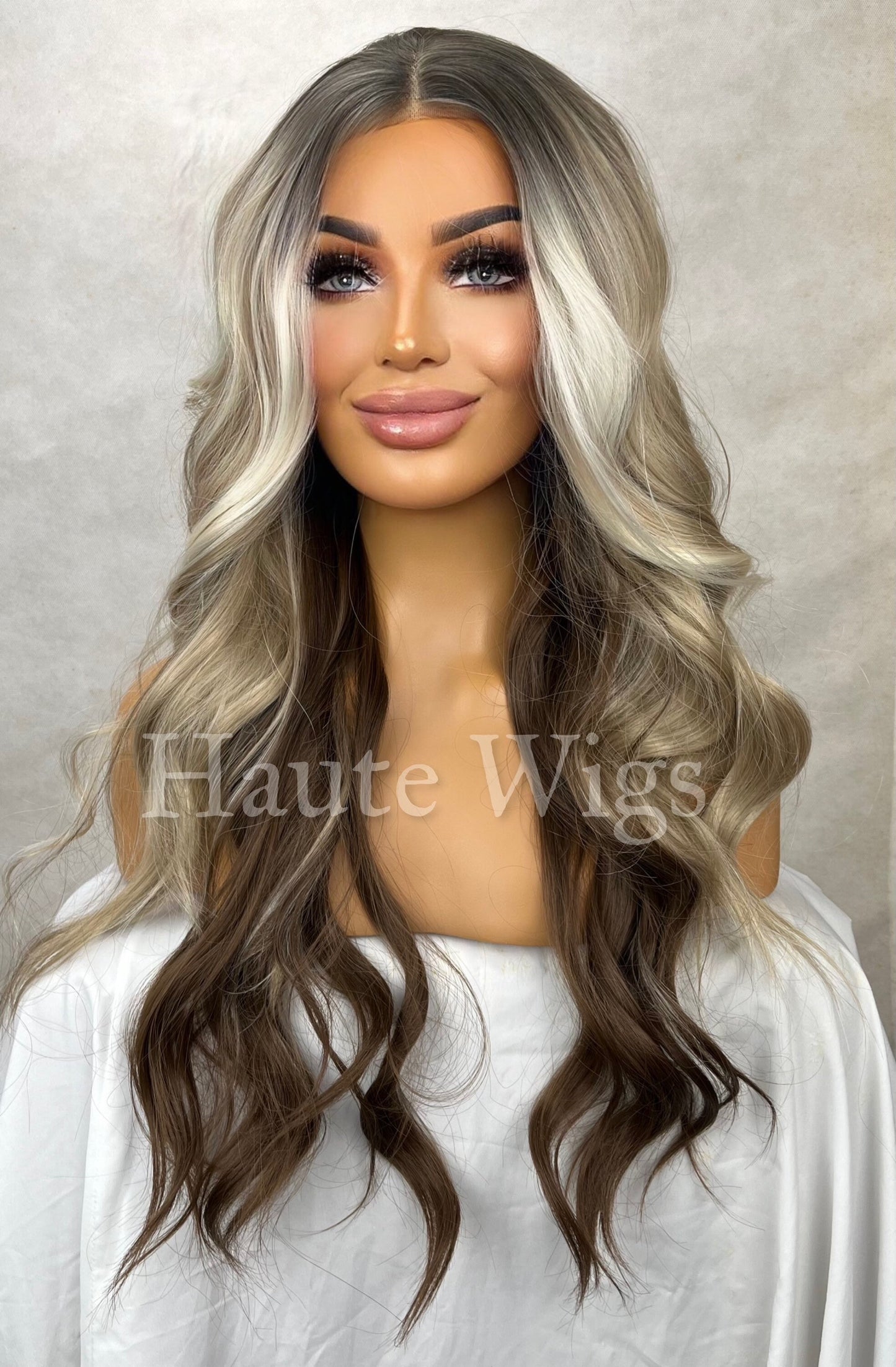 Finesse - Honey & Ash Blonde Highlights White Brown Balayage streaks 26 Inch Long womens Wig Straight Center Parting Lace Front Free Parting