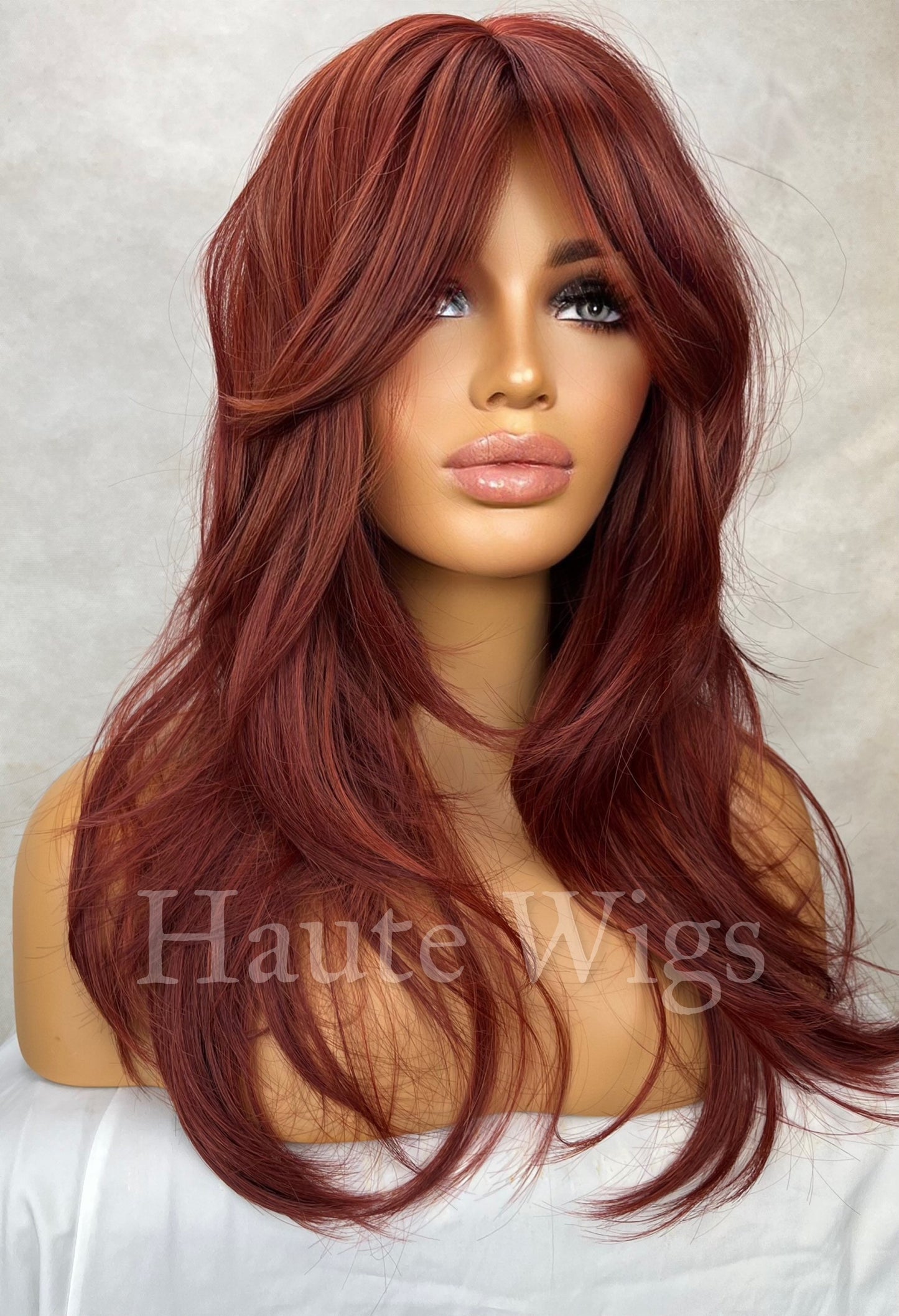 Waterloo Sunset - Red Copper Wig With Bangs / Fringe Long Ginger Auburn Layered Silky Wavy Ladies Womens Wigs No Lace Front haute wigs