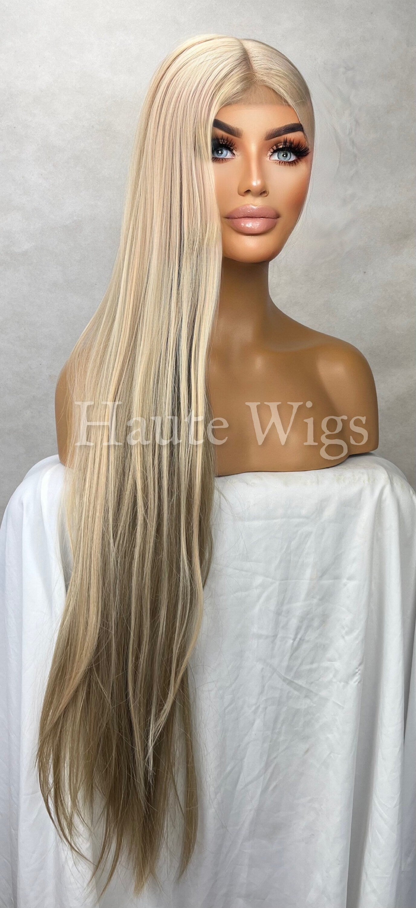 BLONDE BOMBSHELL 40 inch Light Blonde Wig Brown Low Lights Womens Long Wig Lace Front Realistic Human Hair Blends Straight Ladies Wig Gift