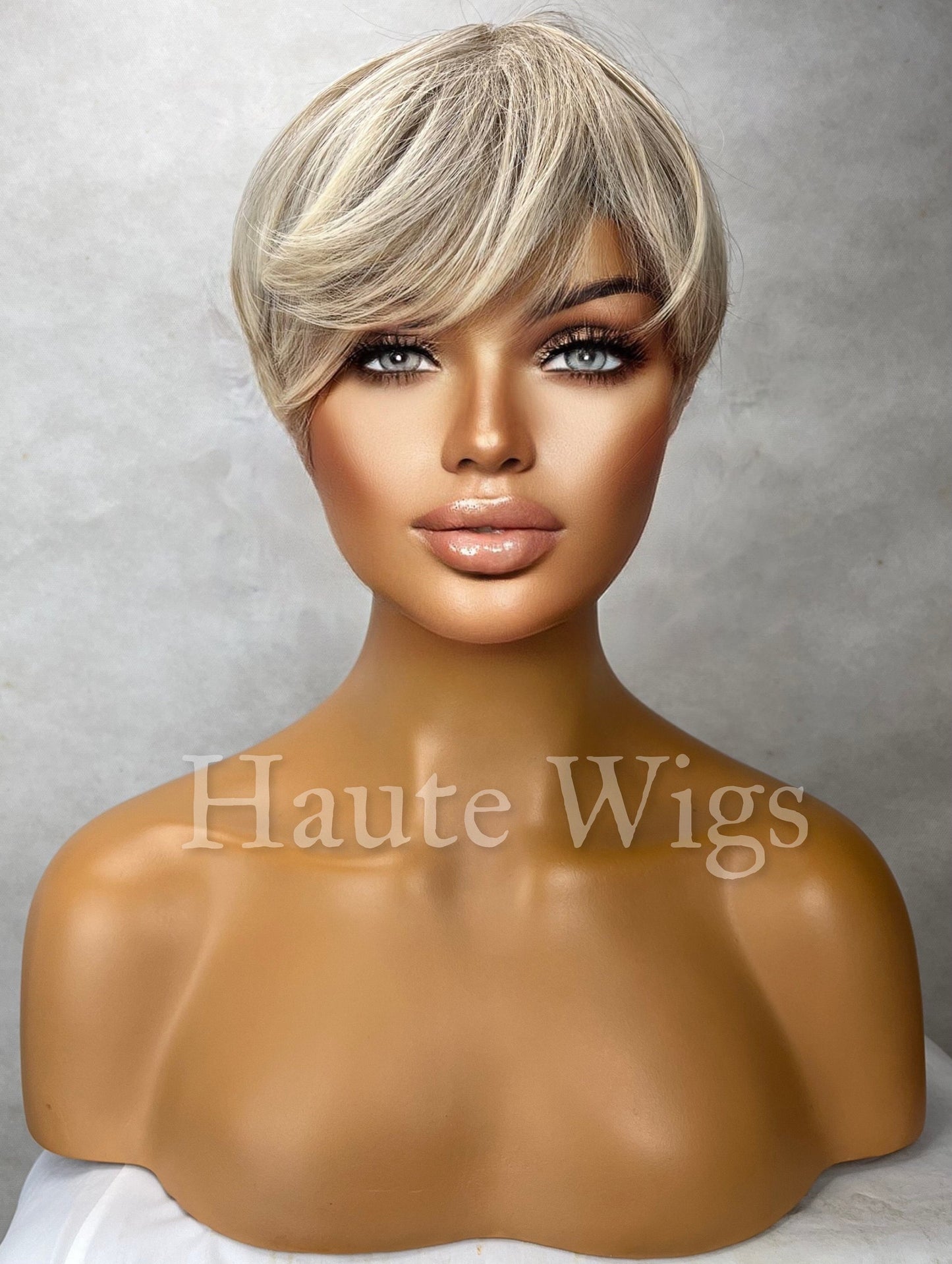 Basic Instinct- 8 Inch Ash Blonde Cool Toned Dirty Ombre Brown Roots Wig With Fringe Bangs Short BOB Wavy Synthetic Hair Wigs