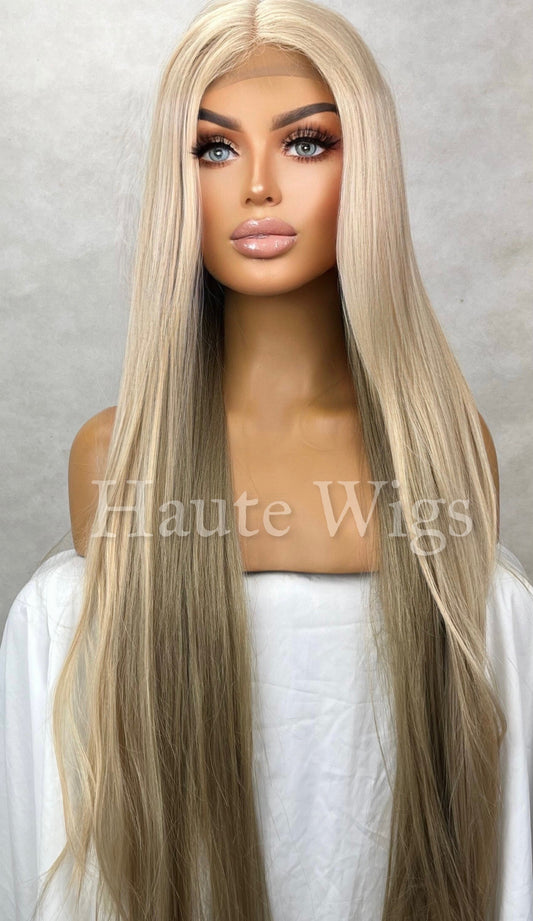 BLONDE BOMBSHELL 40 inch Light Blonde Wig Brown Low Lights Womens Long Wig Lace Front Realistic Human Hair Blends Straight Ladies Wig Gift