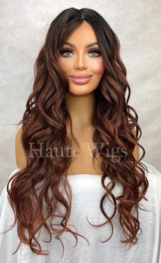 GLAM 26 inch Long Wavy Balayage Dark Brown Auburn Brunette Ombre Wig Wavy Bangs Womens Ladies Curly Lace Front Fake Scalp