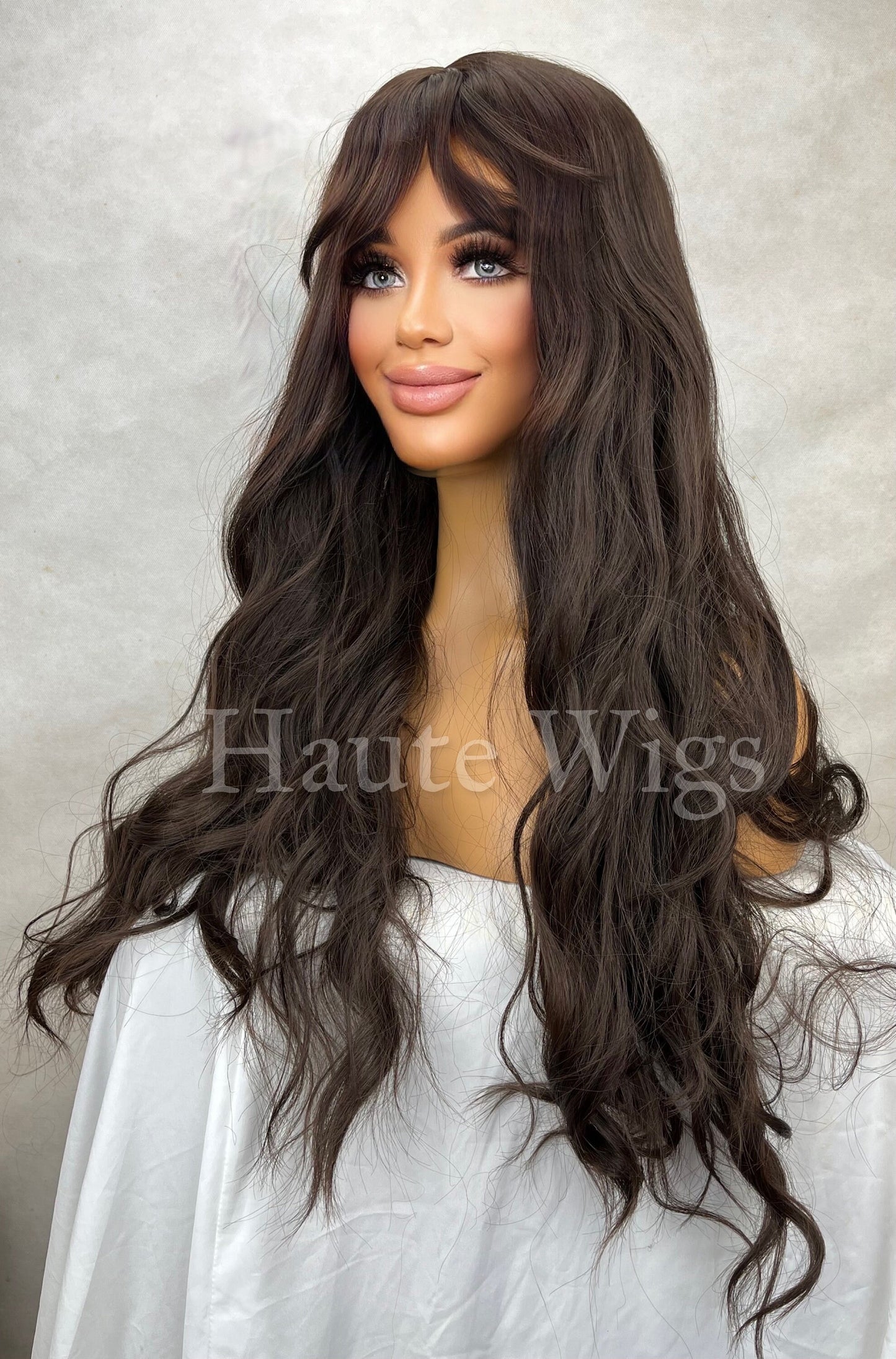 Young & beautiful - Darkest Brown Wig Bangs / Fringe Long Deep Golden Ginger Brown Layered Silky Wavy Curly Ladies Womens Wigs No Lace Front