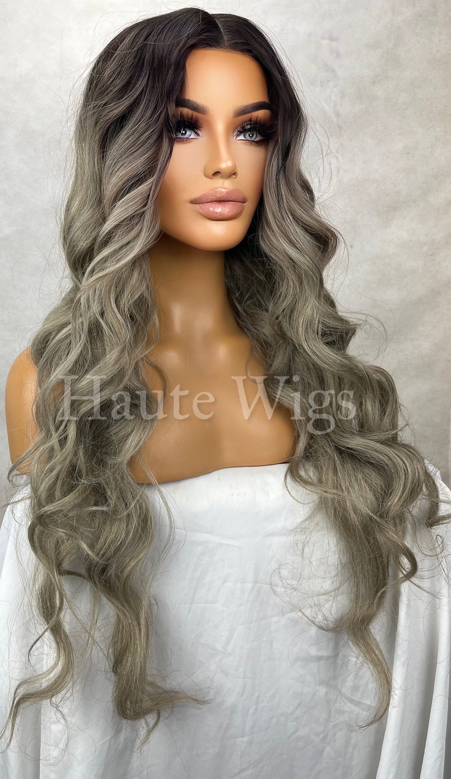 Pimlico - Ash Platinum silver Blonde Ombré 24 Inch Long Wig Wavy NO Lace Womens Wig Eye Catching Gift for her haute wigs