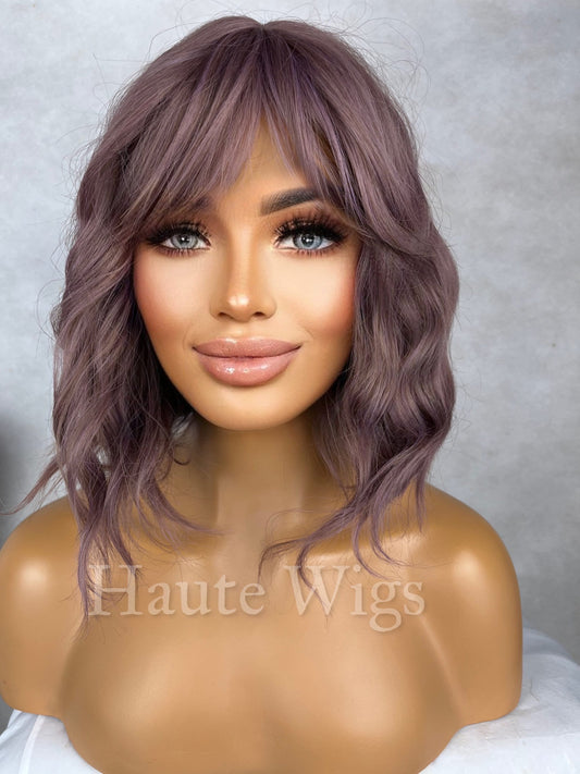 Rose Gold - Lilac Purple Violet Wig W Bangs Fringe Short Pixie BOB Wavy NO Lace Front Wigs Gift For Her Dark Roots Ladies Womens play