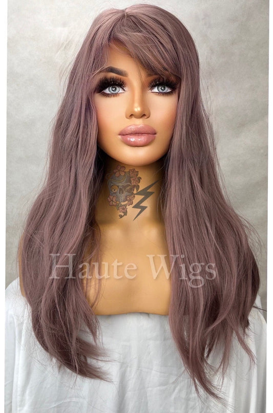 Rose Gold Lilac Straight Long Wig Womens Vegan Synthetic Hair 26 Inches Ombre Lilac Purple Orchid Fringe Bangs Ladies Wigs