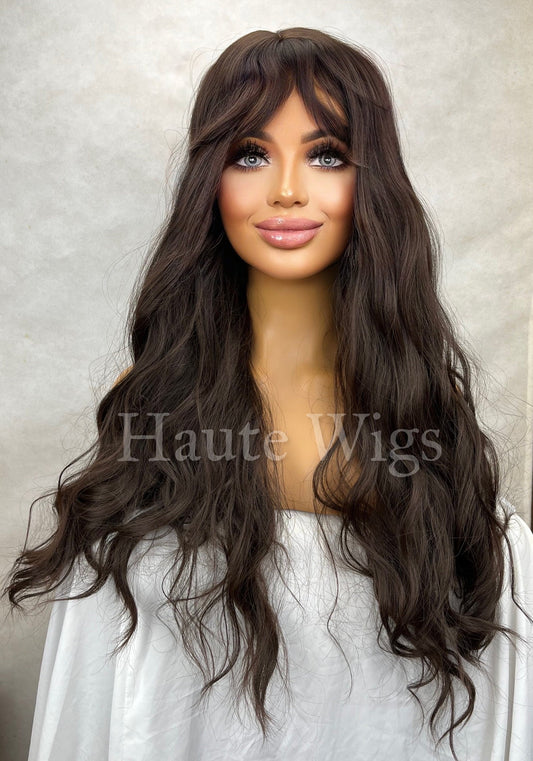 Young & beautiful - Darkest Brown Wig Bangs / Fringe Long Deep Golden Ginger Brown Layered Silky Wavy Curly Ladies Womens Wigs No Lace Front