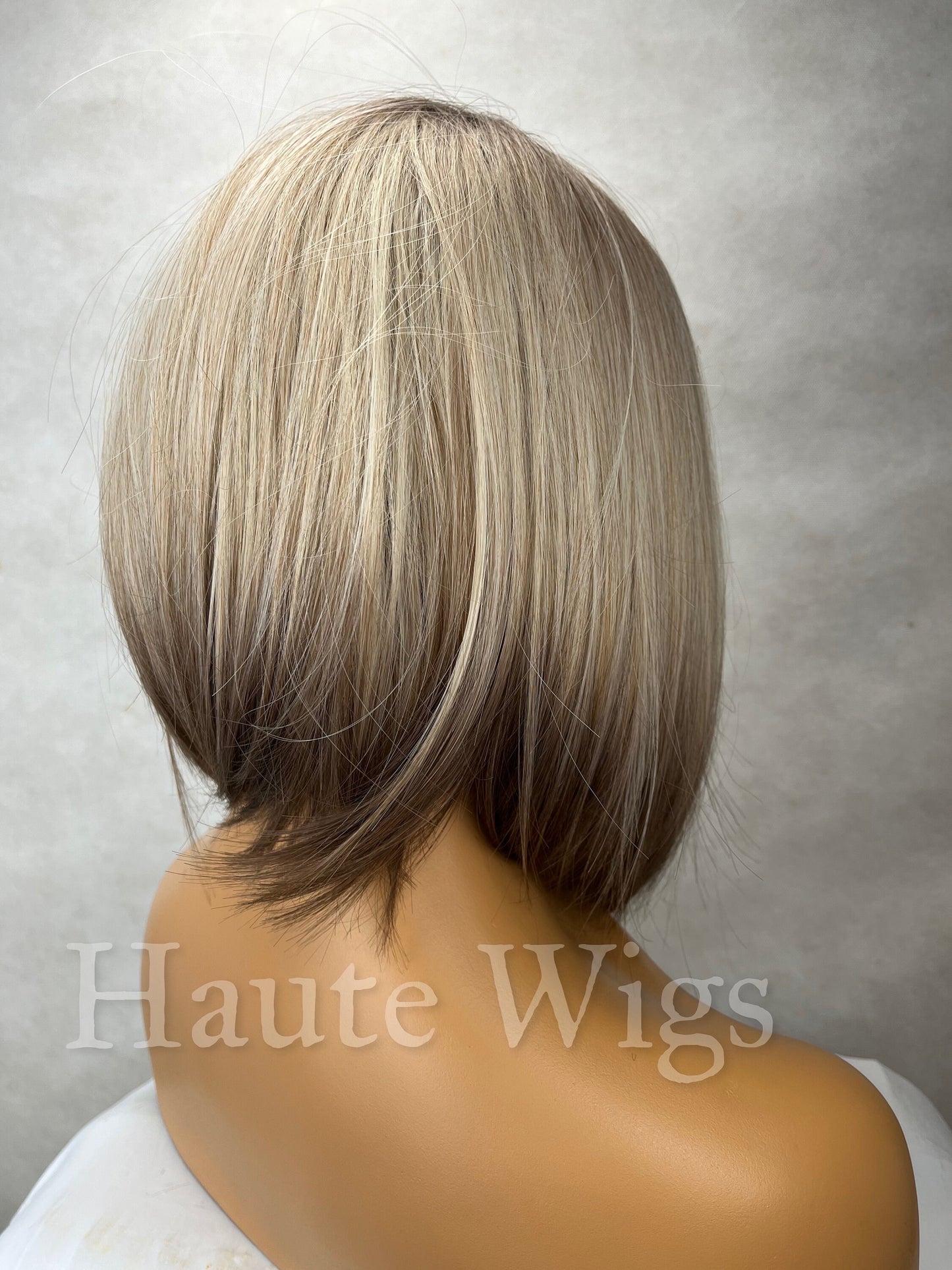 Brondesbury - 12 Inch Short Bob Ombre Light Ash Brown Blonde with Chocolate Brown Ends Dip Dye Wig straight low density Bangs / Fringe