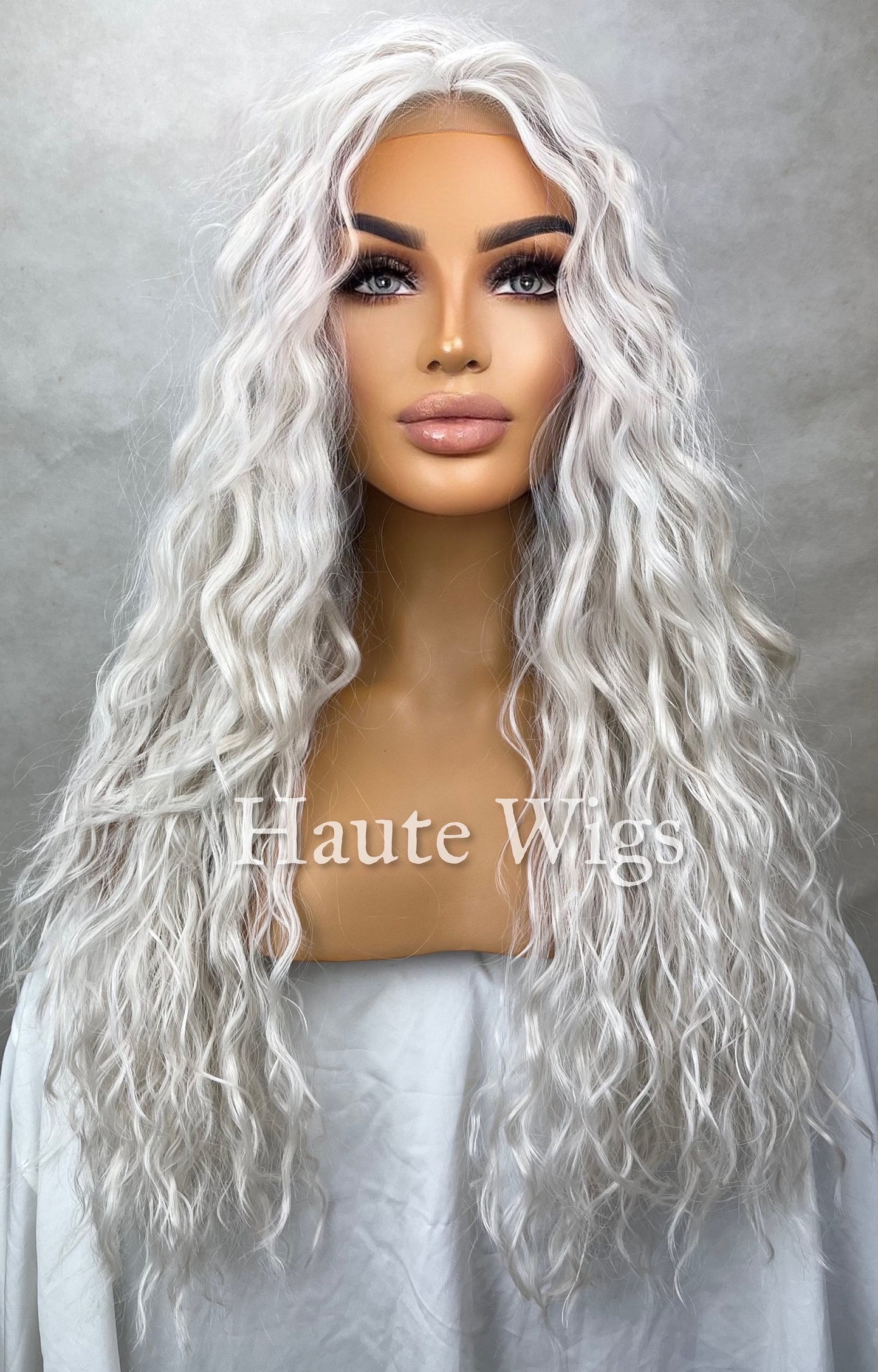 Ethereal - Ash Platinum Blonde 26 Inch Long Wig Wavy Lace front diffused curly wavy wet look hair Womens Gift for her haute wigs