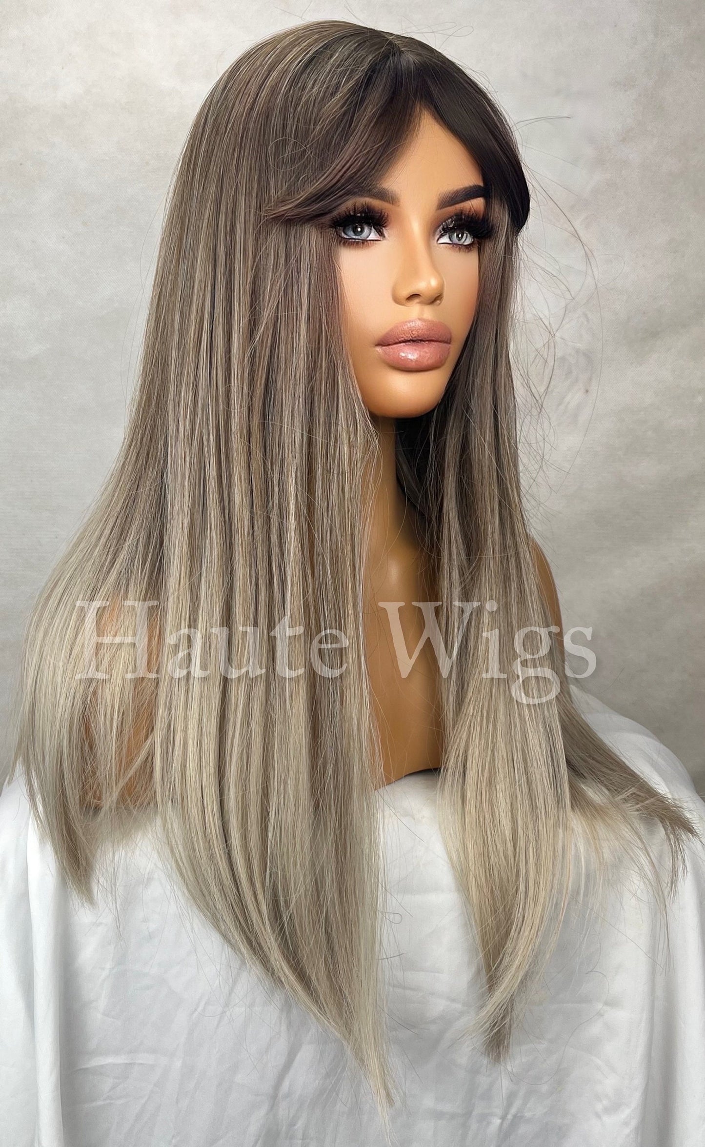 Road Trip - 24 Inch Ash Blonde Brown Cool Toned Dirty Ombre Mushroom Wig With Fringe Bangs Center Parting Straight Long Synthetic Hair Wigs