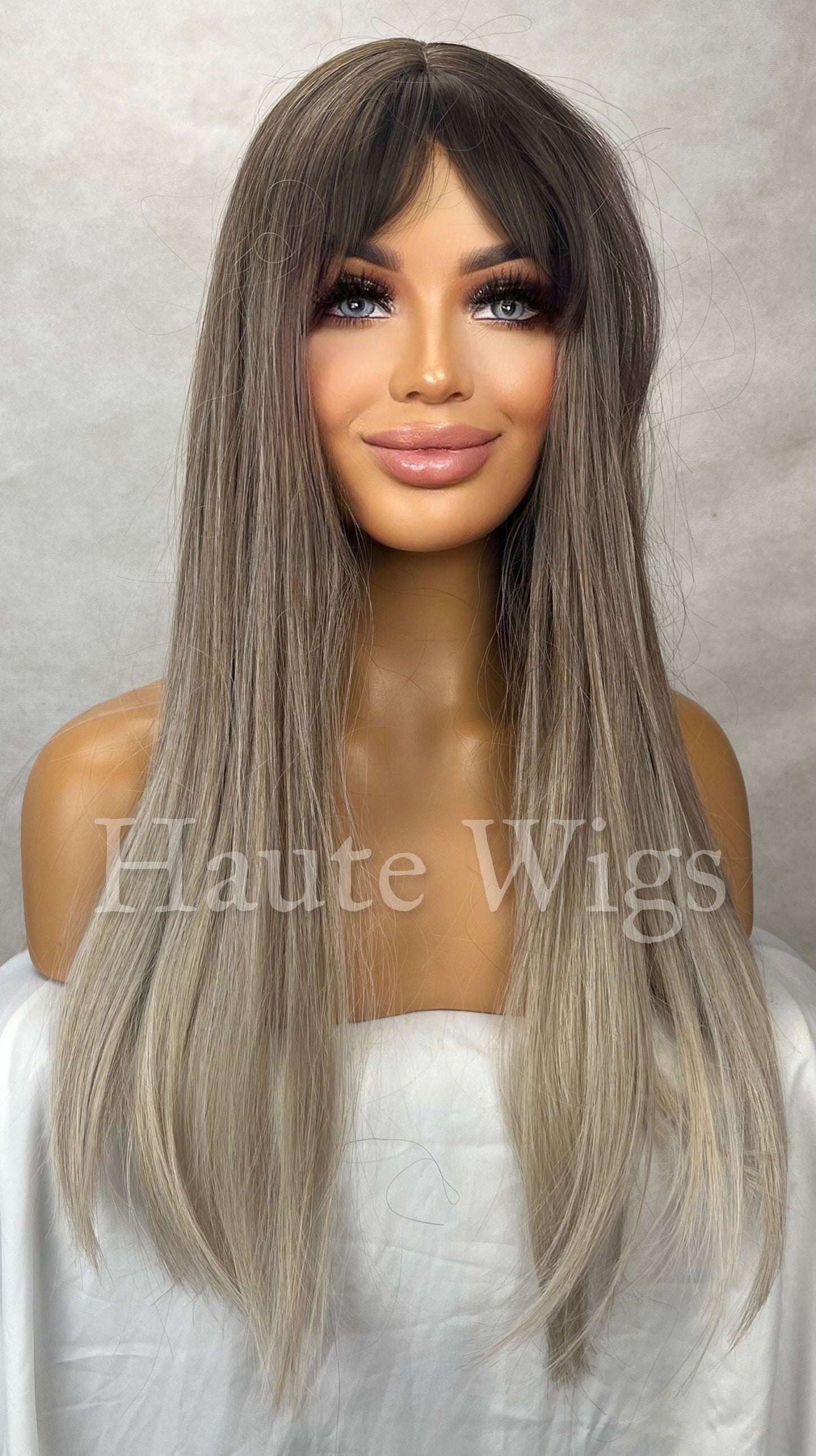 Road Trip - 24 Inch Ash Blonde Brown Cool Toned Dirty Ombre Mushroom Wig With Fringe Bangs Center Parting Straight Long Synthetic Hair Wigs