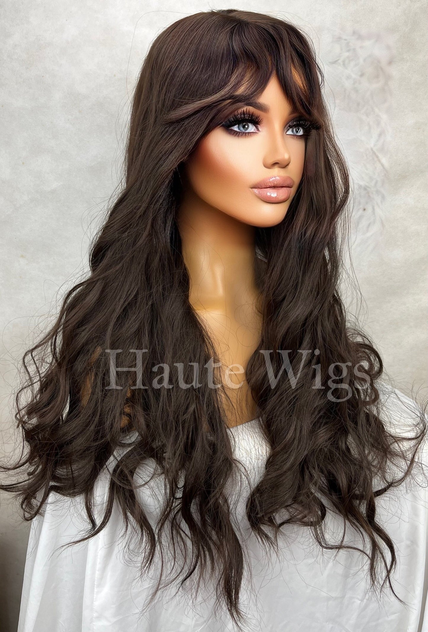 Young & beautiful - Darkest Brown Wig Bangs / Fringe Long Deep Golden Ginger Brown Layered Silky Wavy Curly Ladies Womens Wigs No Lace Front