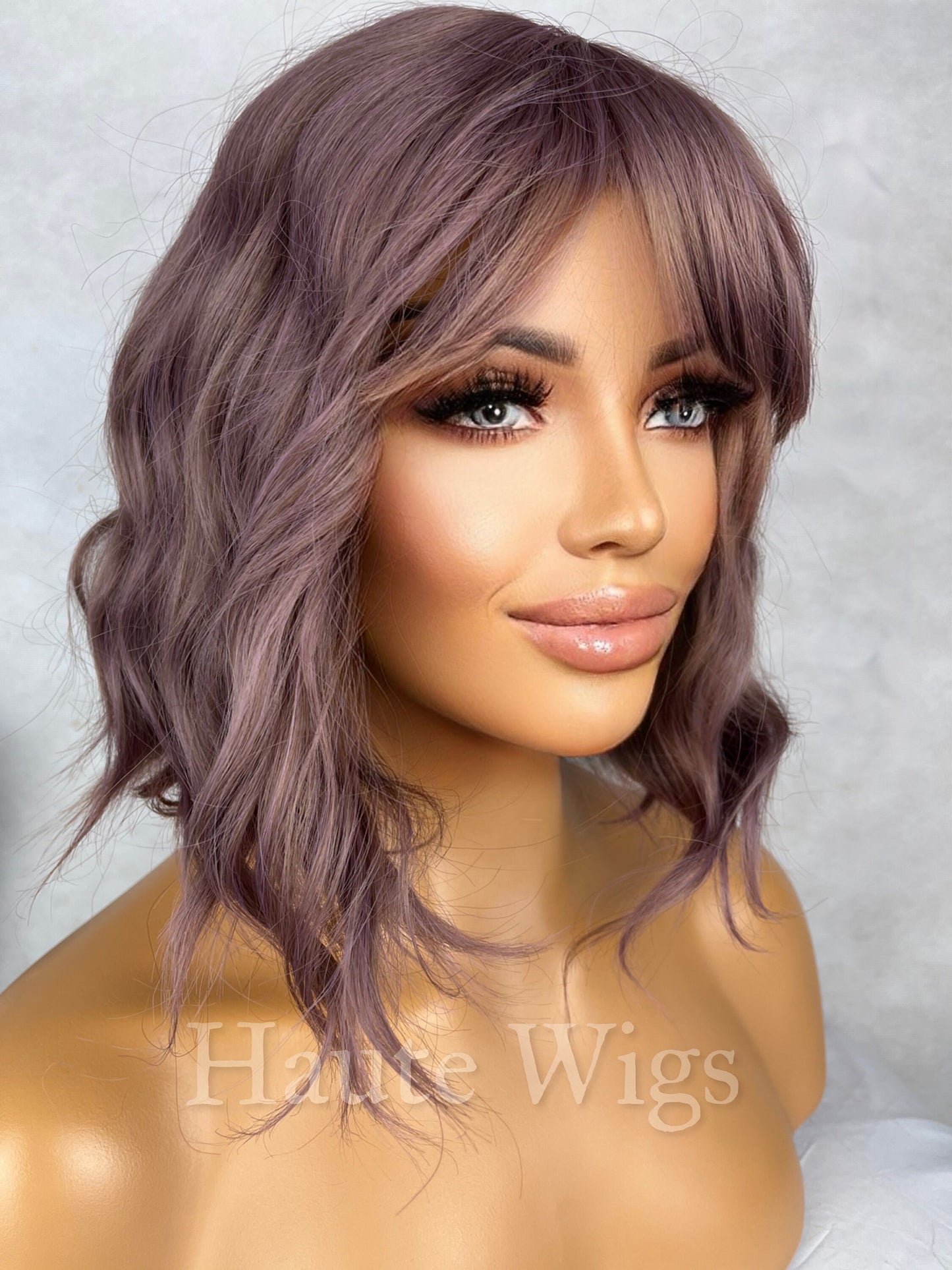 Rose Gold - Lilac Purple Violet Wig W Bangs Fringe Short Pixie BOB Wavy NO Lace Front Wigs Gift For Her Dark Roots Ladies Womens play